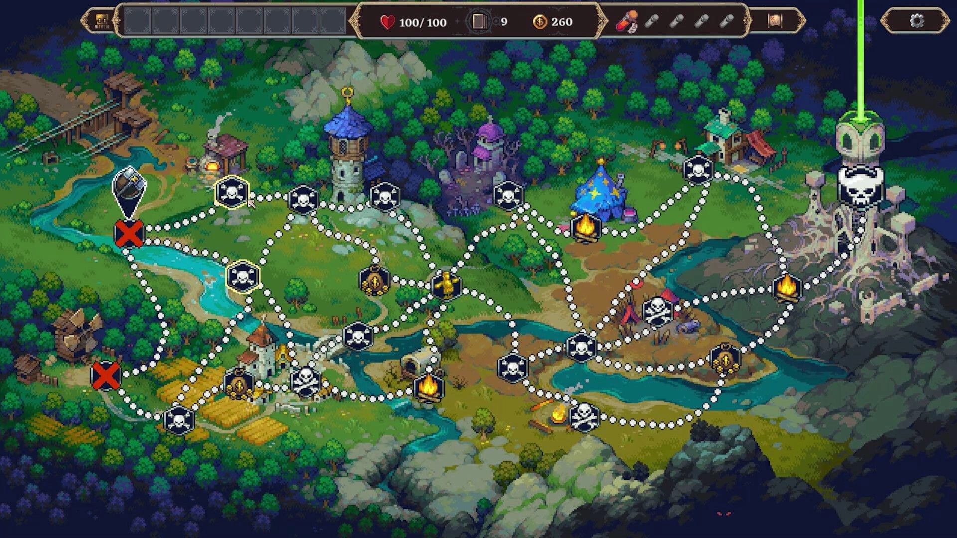 Dice Legends: Overworld map with connected paths and icons in a vibrant forested landscape