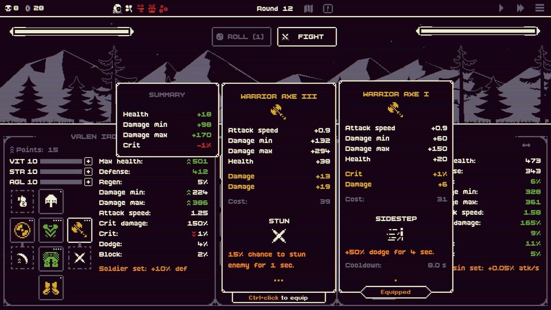 Dice Looter: Gear comparison screen with Warrior Axe stats and fight button over snowy mountains backdrop.