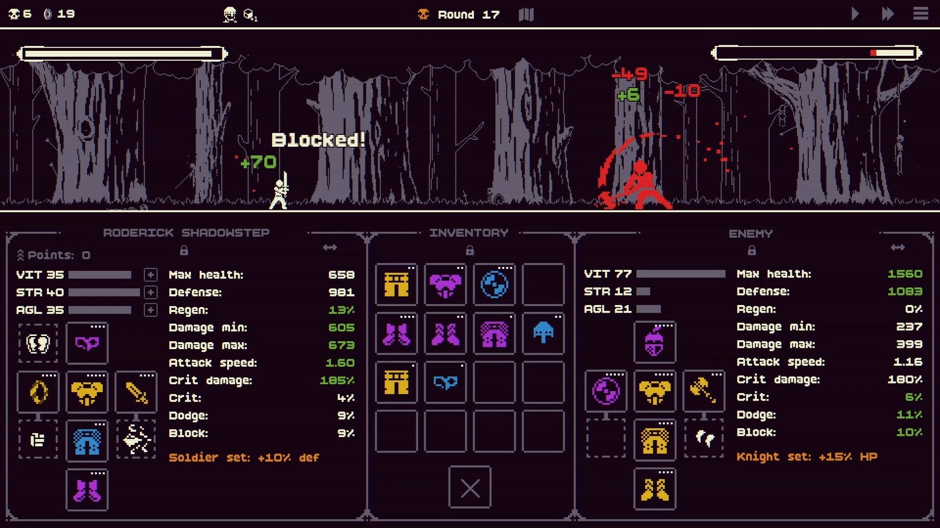 Dice Looter: Hero blocks an attack in Round 17 forest fight with inventory and stats panels open.