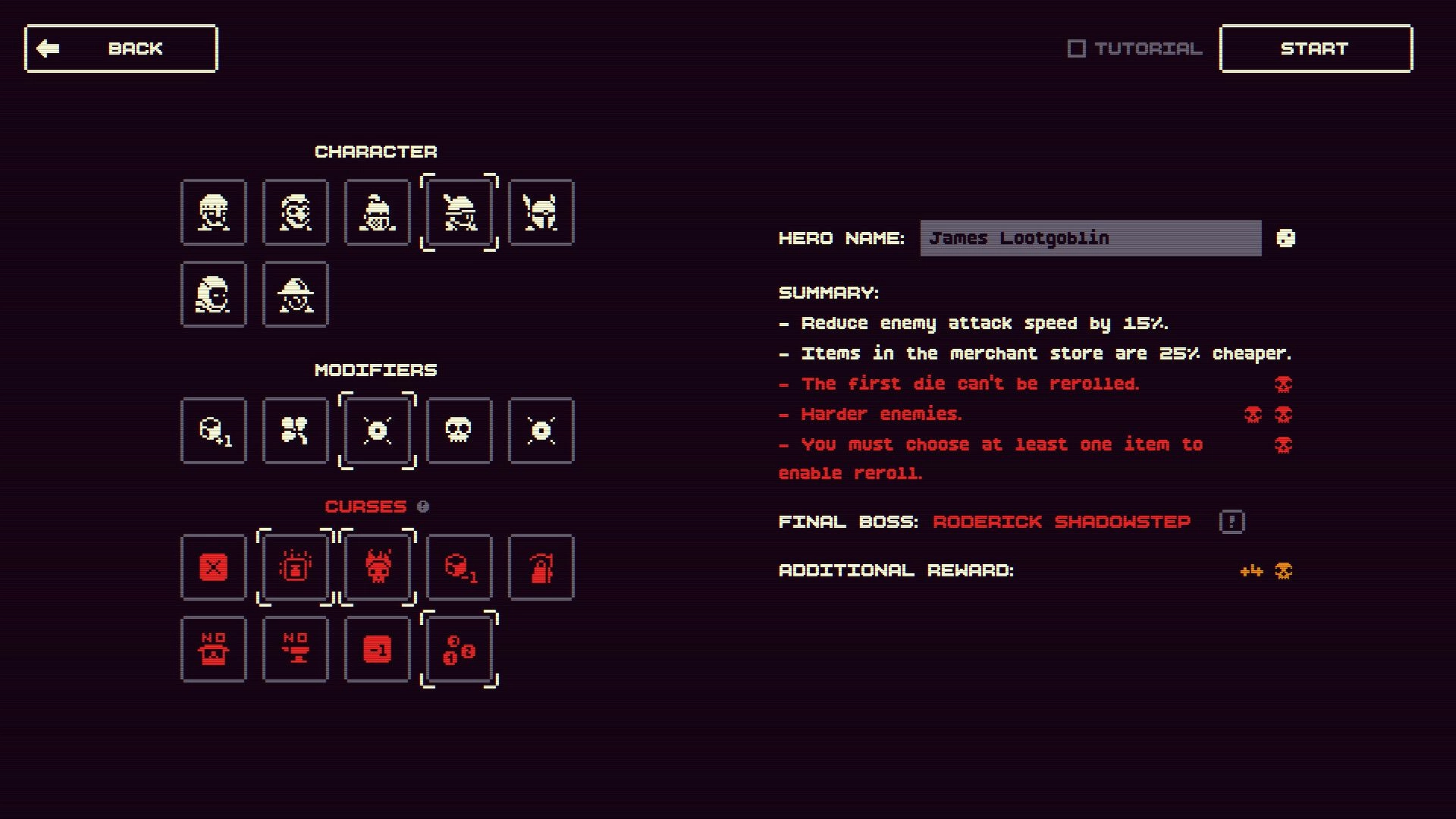 Dice Looter: Character and modifiers selection menu with hero name field and curses before start screen.