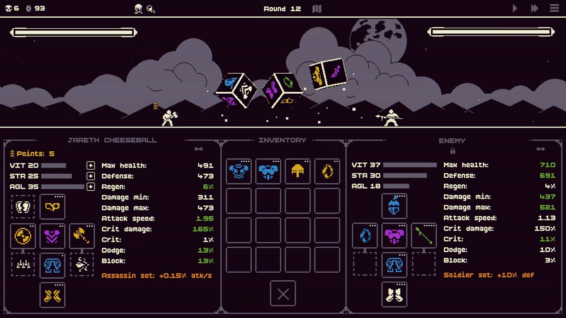 Dice Looter: Round 12 battle with dice roll above, inventory grid and hero vs enemy stat panels below.