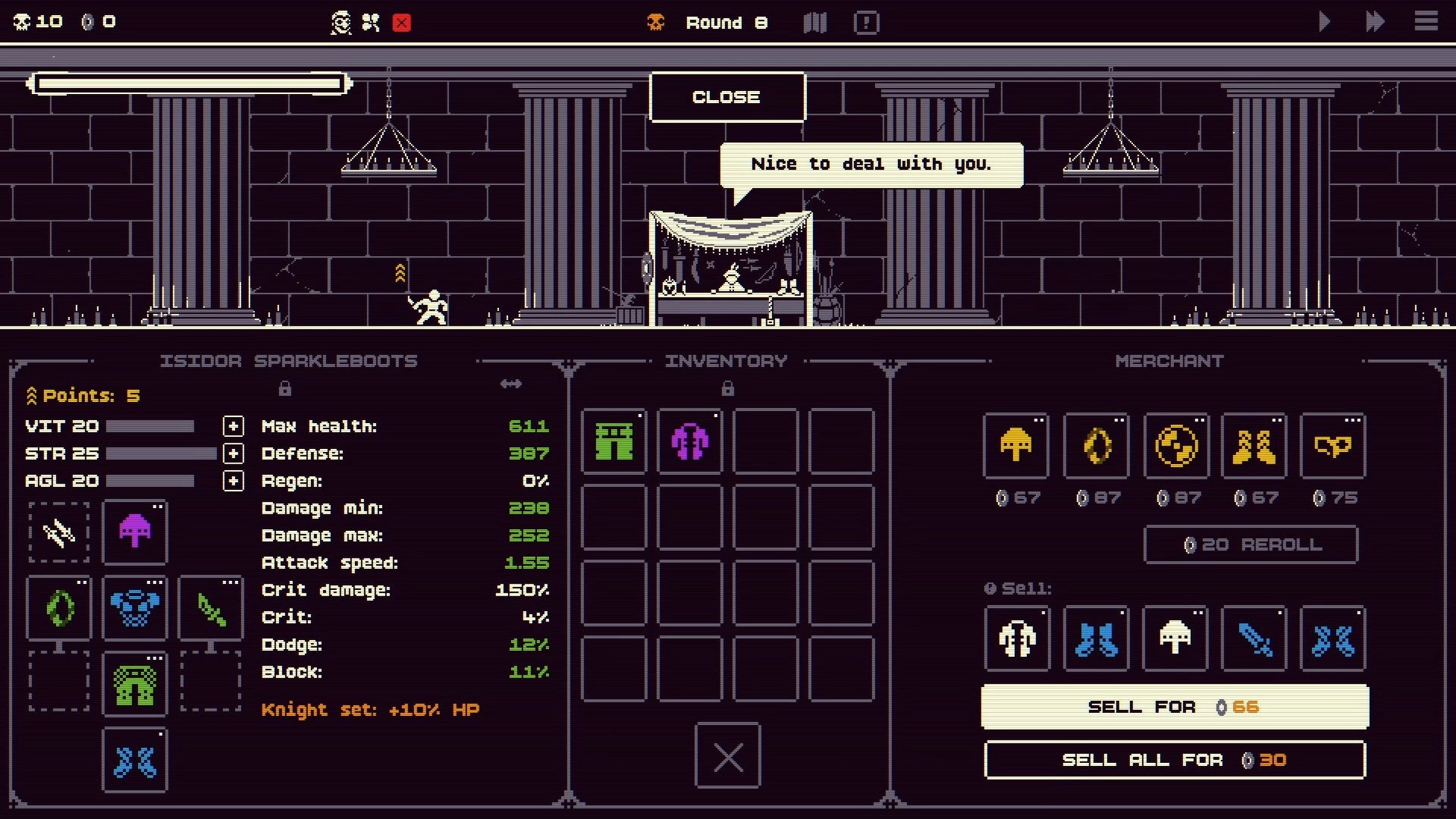 Dice Looter: Inventory and merchant shop UI with gear icons and stats in a dim stone hall.