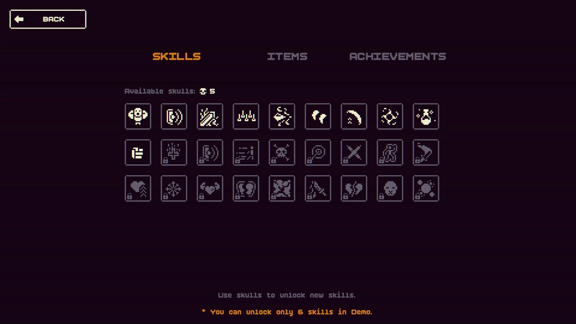 Dice Looter: Skills tab with skill icon grid and 5 available skulls on dark purple menu screen.