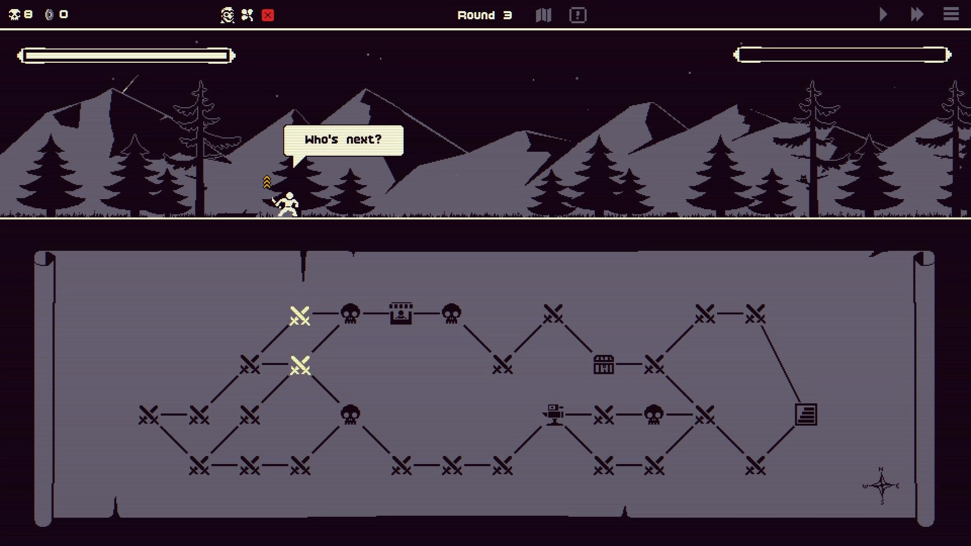 Dice Looter: Hero says "Who's next?" above branching map with battle, skull, and chest nodes in Round 3.