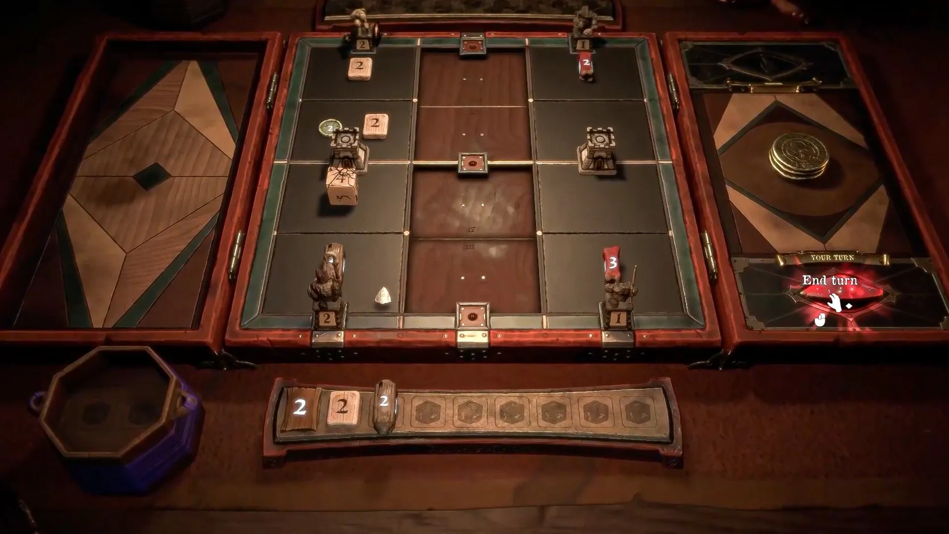 Dice of Arcana: Tactical board setup with dice, figures, and an "End turn" button in a wooden case.
