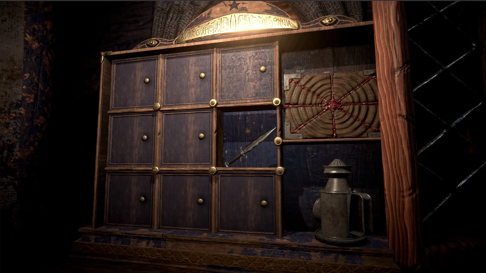 Dice of Arcana: Wooden cabinet with open compartment showing a dagger, lantern, and mysterious board.