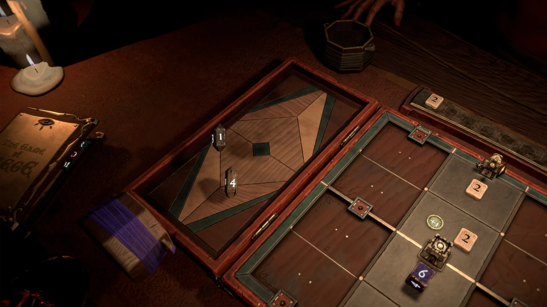 Dice of Arcana: Dice game board with numbered tiles and a candlelit table setting