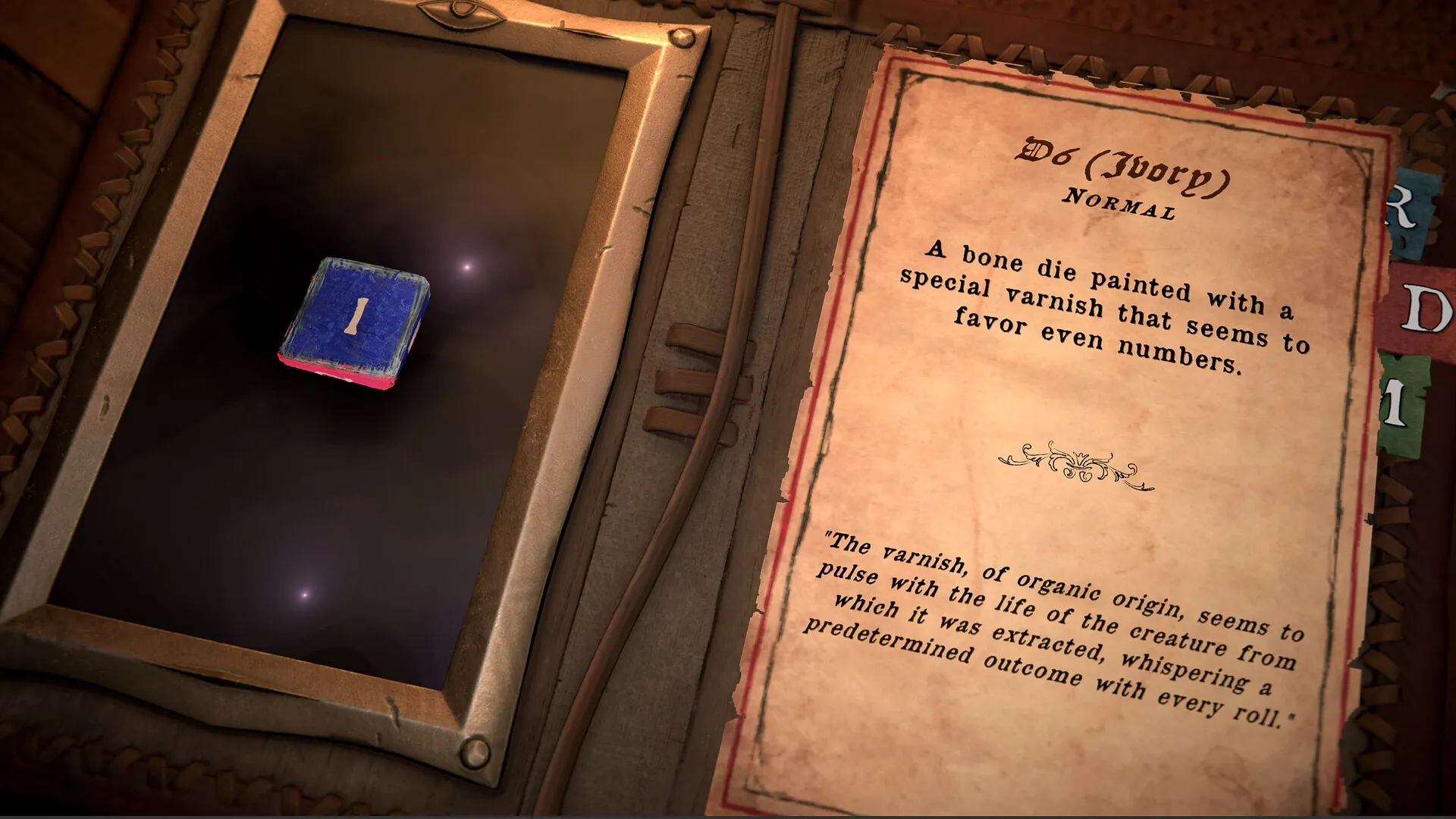 Dice of Arcana: D6 die description and detailed lore on a parchment background in the inventory menu.