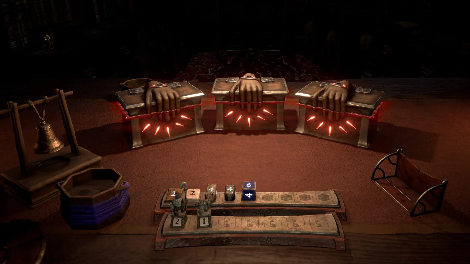 Dice of Arcana: Three glowing hand boxes on a table with dice and score markers in a dark setting