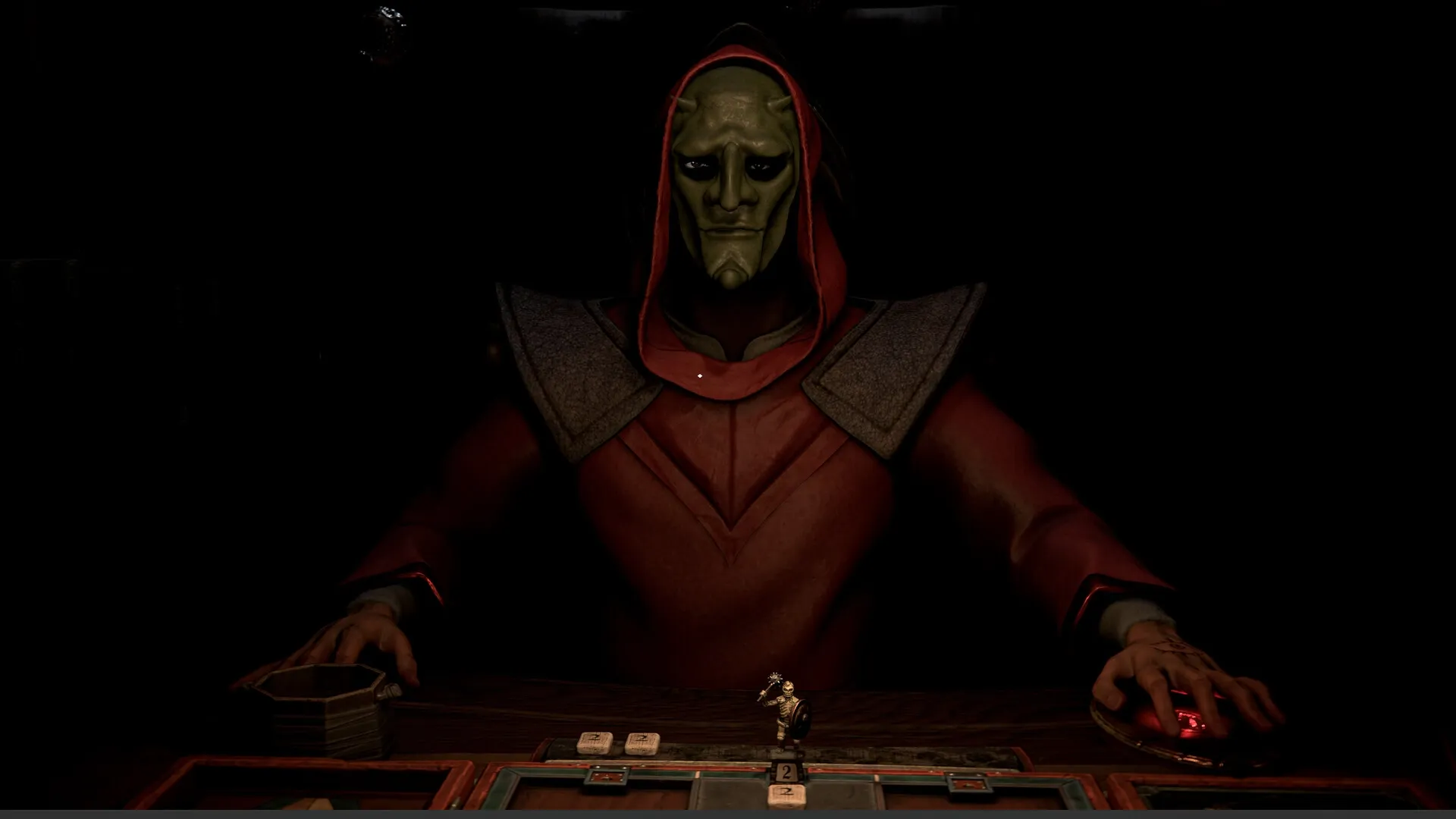 Dice of Arcana: Malevolent puppet overseeing dice roll and miniature warrior on darkened tabletop