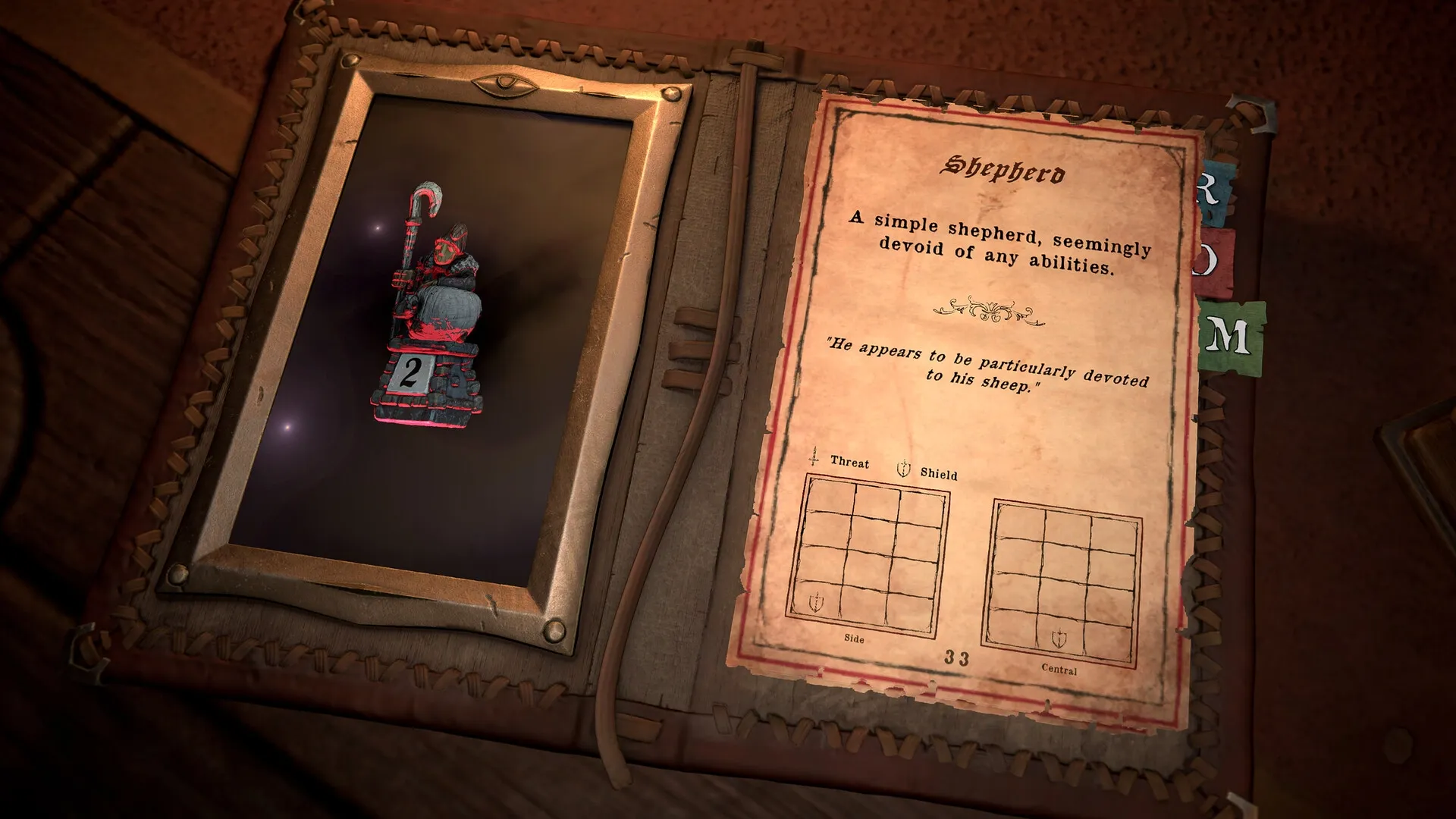 Dice of Arcana: Character page showing Shepherd stats and abilities in a detailed book interface