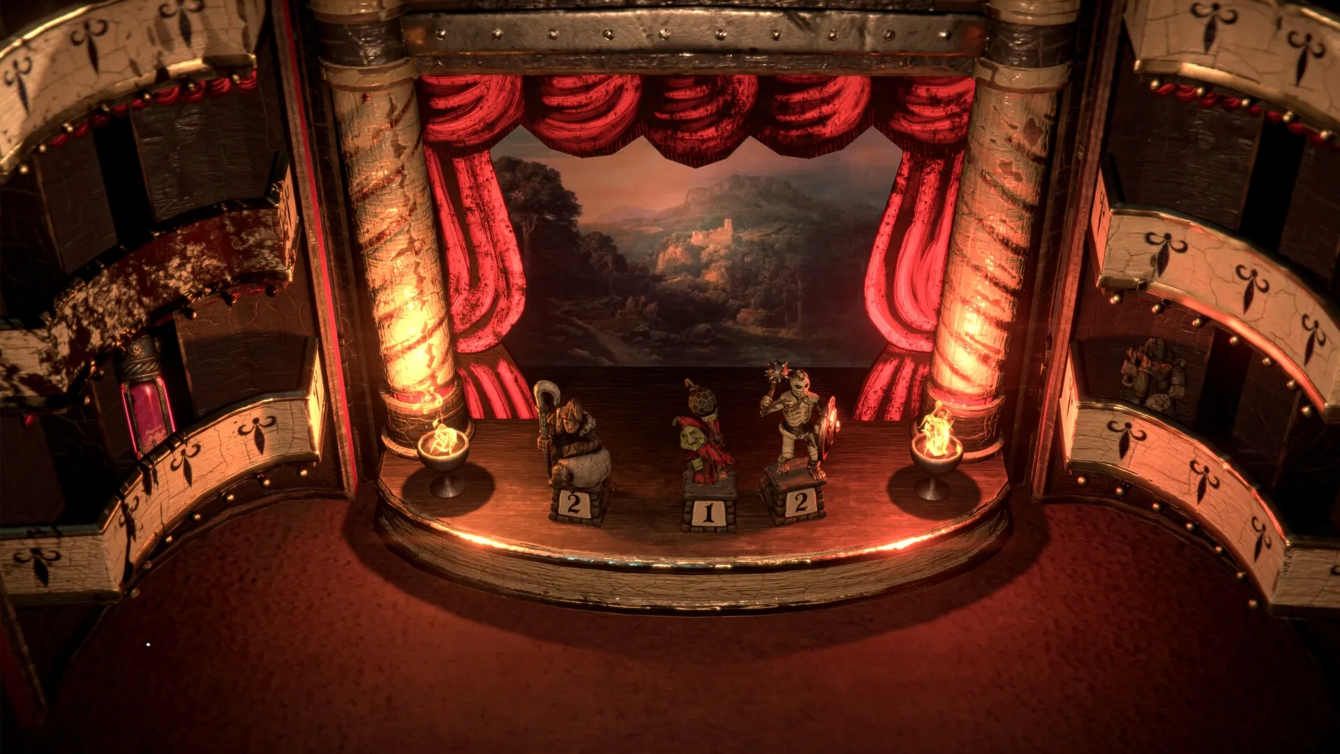 Dice of Arcana: Three character figurines on a dimly lit theater stage with red curtains and backdrop.