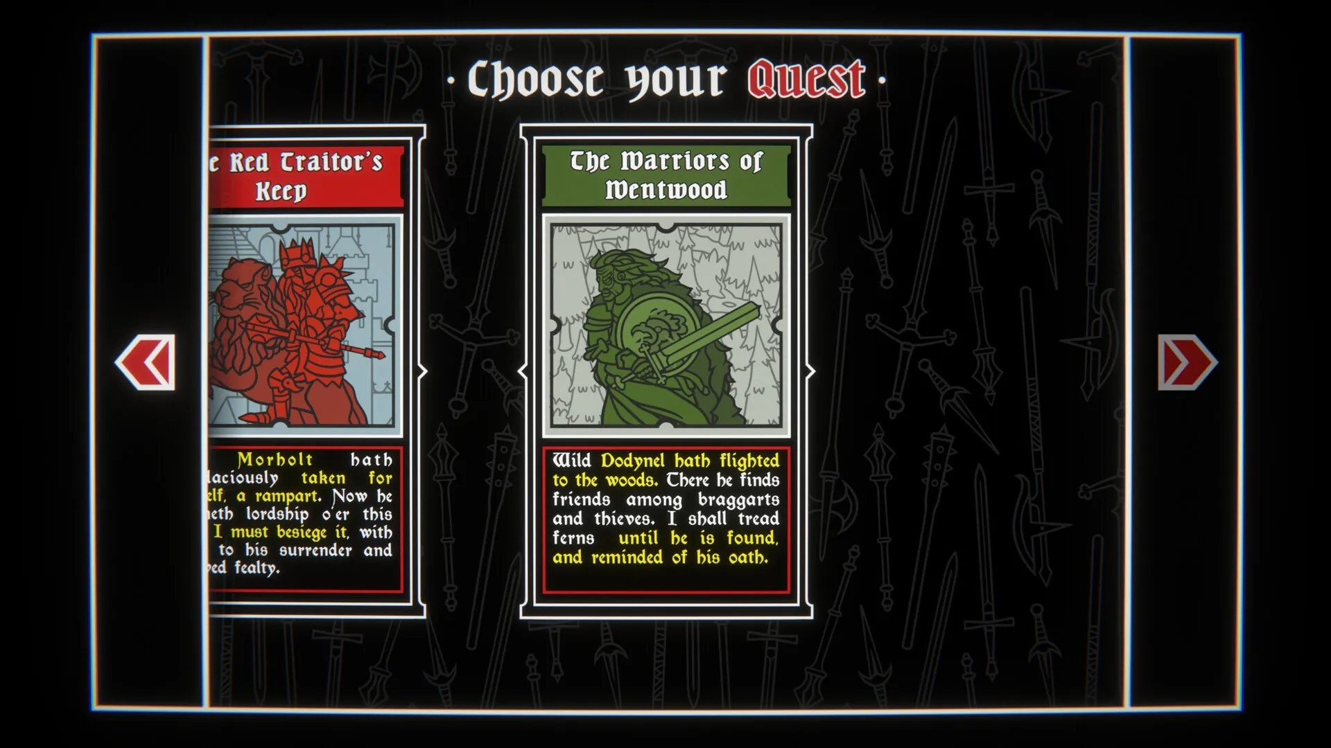 Dicealot: Quest selection screen with options for "Red Traitor's Keep" and "The Warriors of Wentwood"