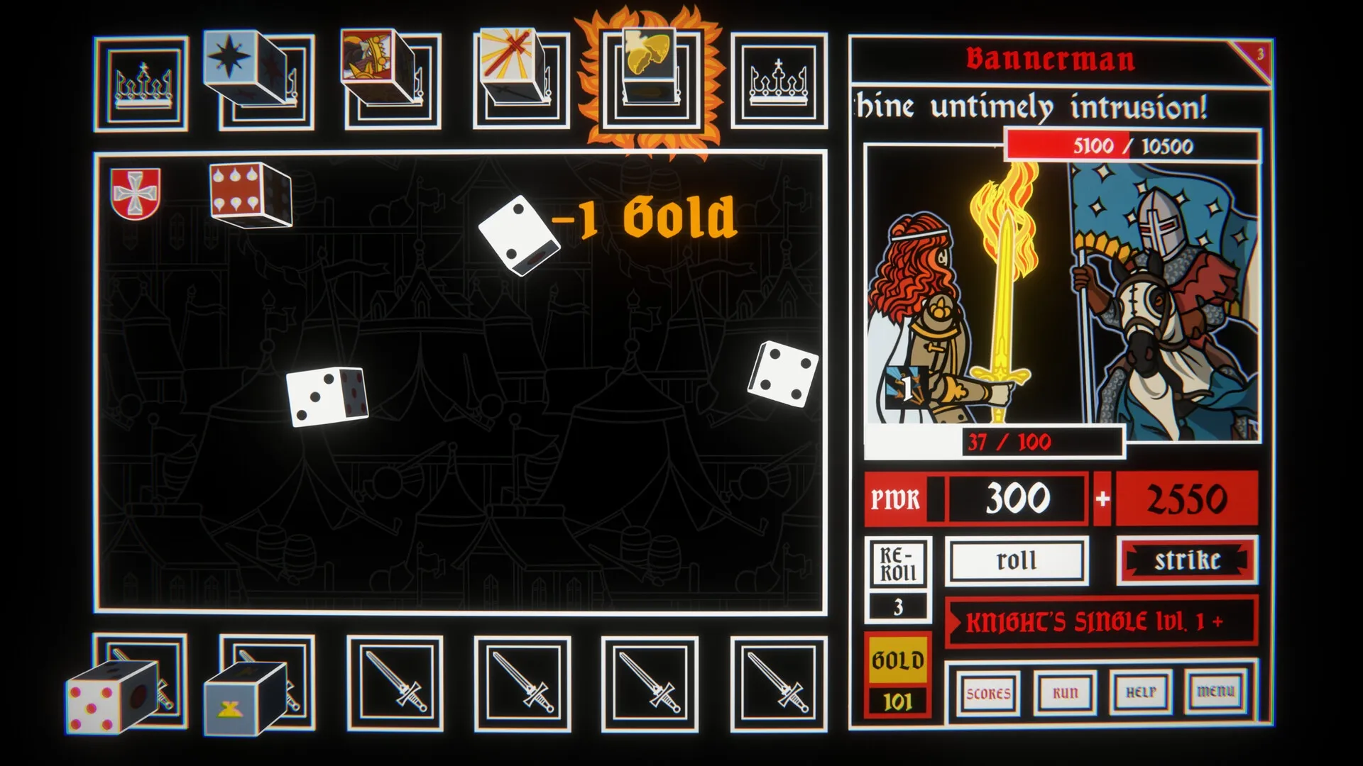 Dicealot: Combat interface with character stats and various dice rolls in medieval-themed environment.
