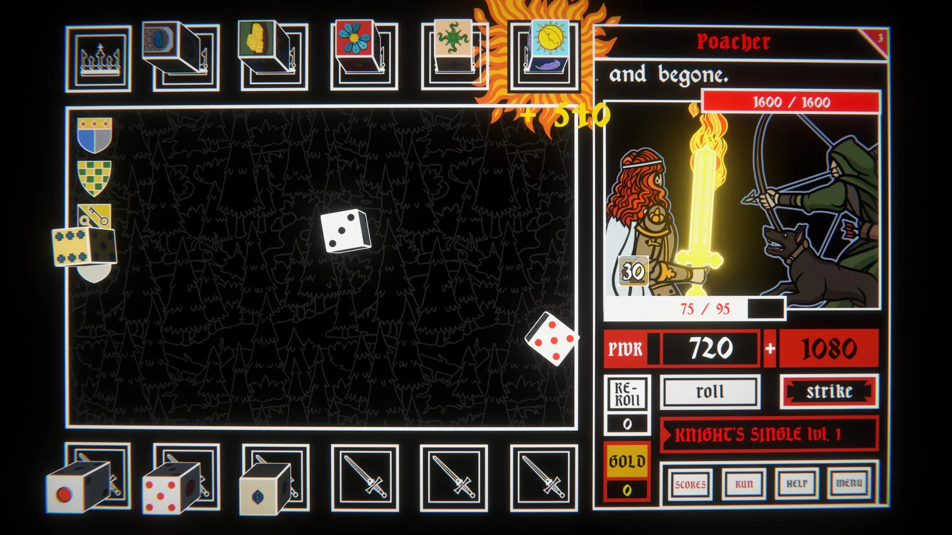 Dicealot: Player rolls dice in battle against Poacher with flaming sword and dog in forest setting