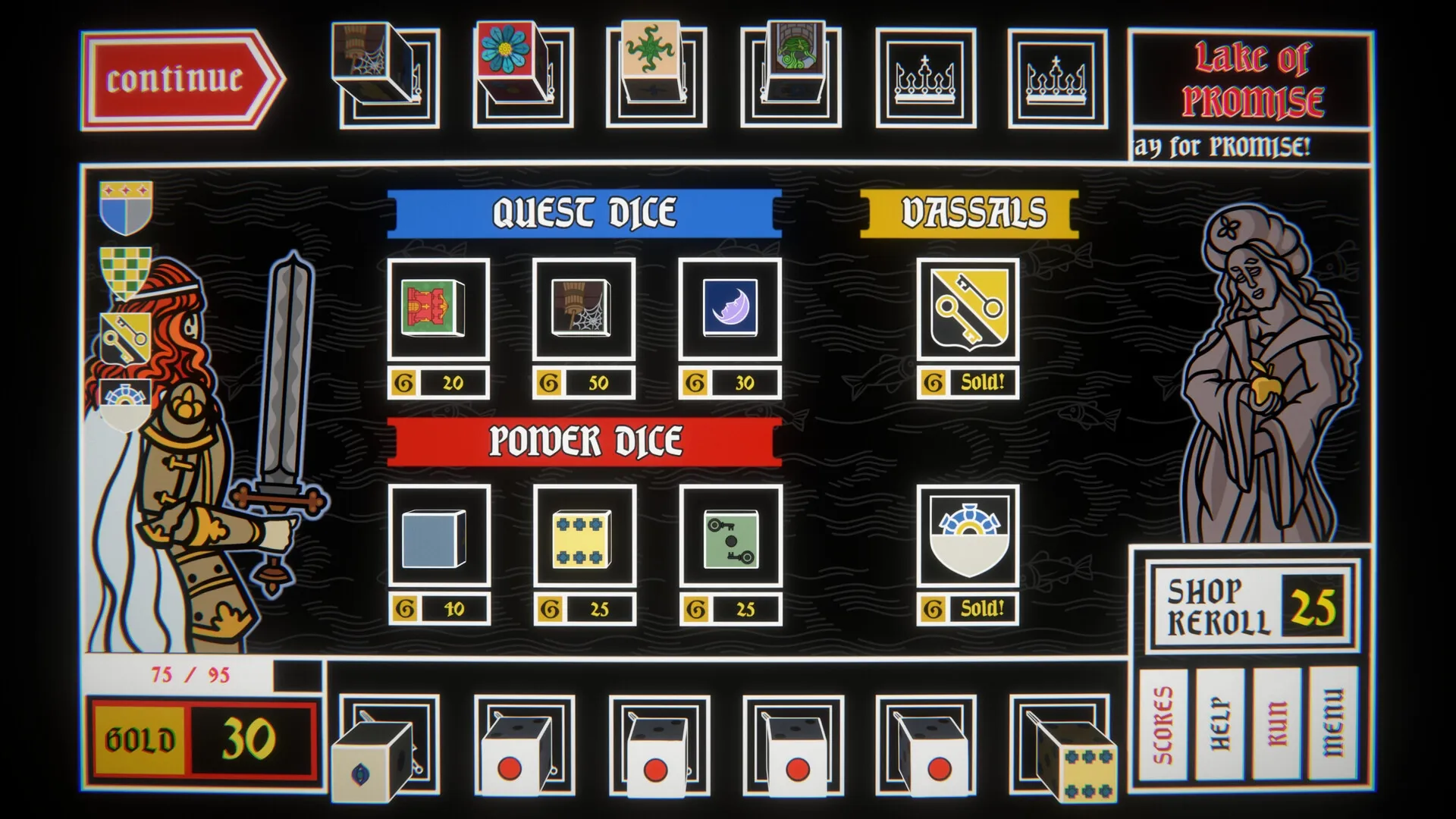 Dicealot: Character with sword selects Quest and Power Dice in a medieval-themed shop interface.