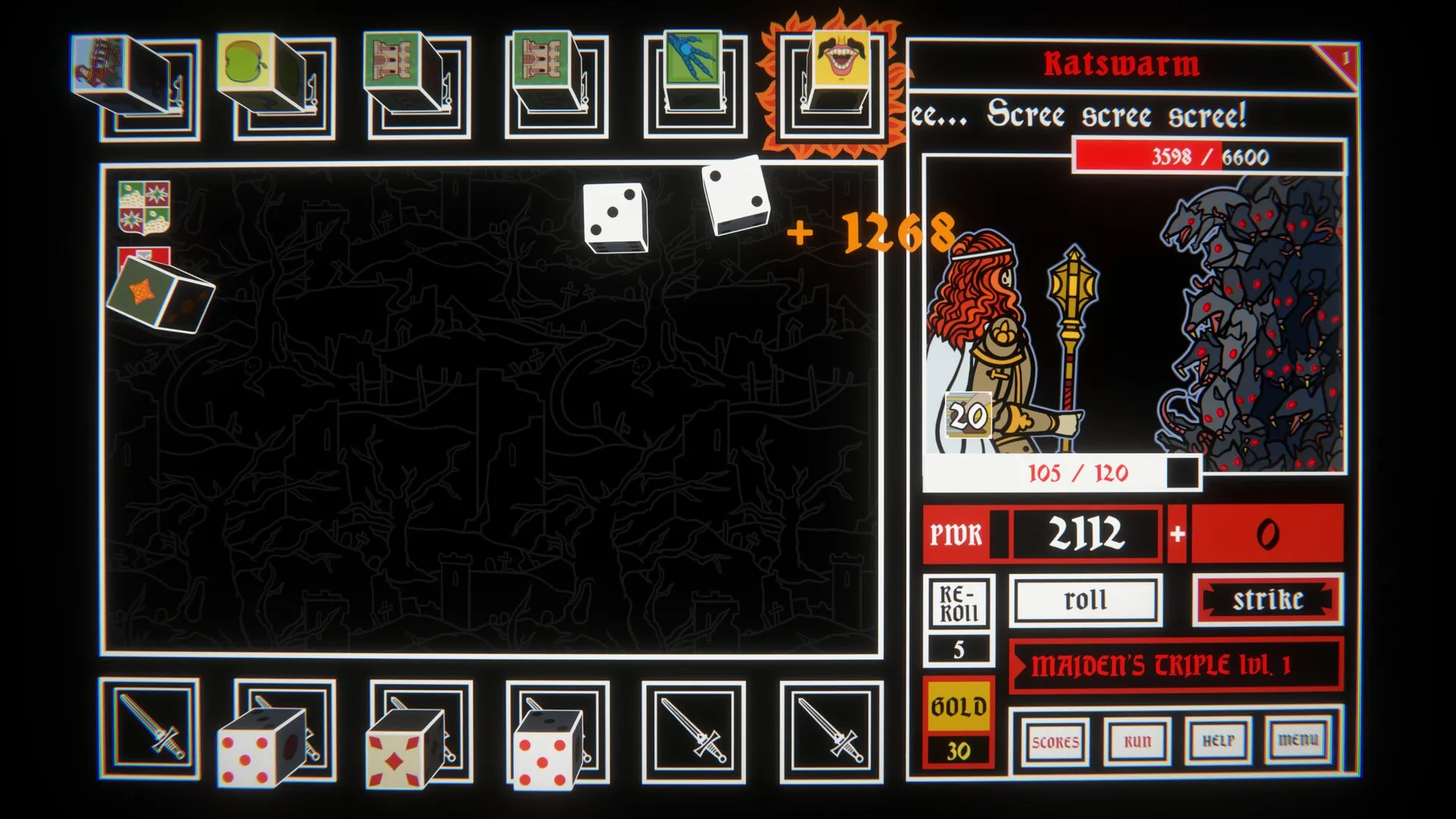 Dicealot: Combat scene with hero facing a ratswarm, dice roll interface, and power stats displayed