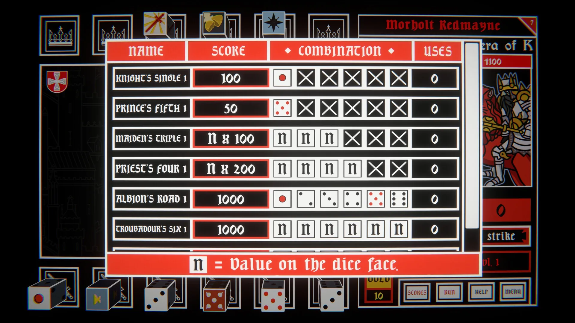 Dicealot: Scoreboard showing dice combinations and scores in a medieval-themed game interface