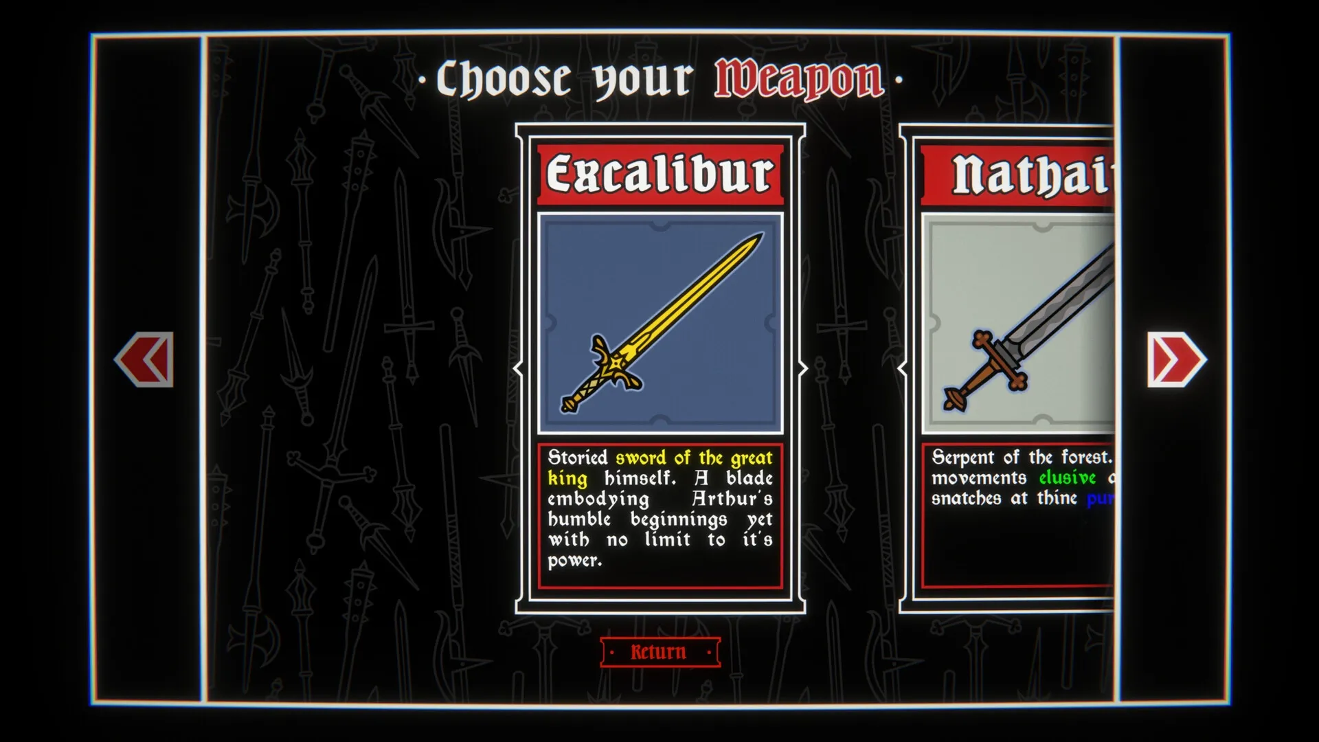 Dicealot: Weapon selection screen featuring Excalibur and Nathair options in a medieval theme.