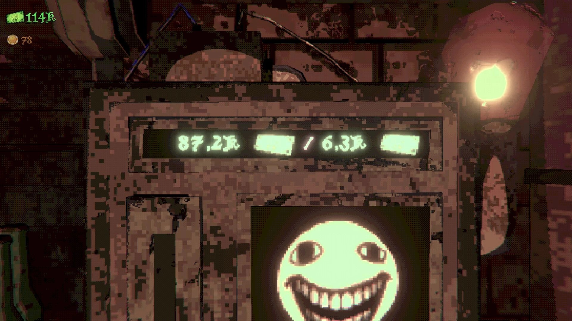 Dicempo: Close-up of a CRT terminal with creepy smiley face and cash counters in dim office clutter.