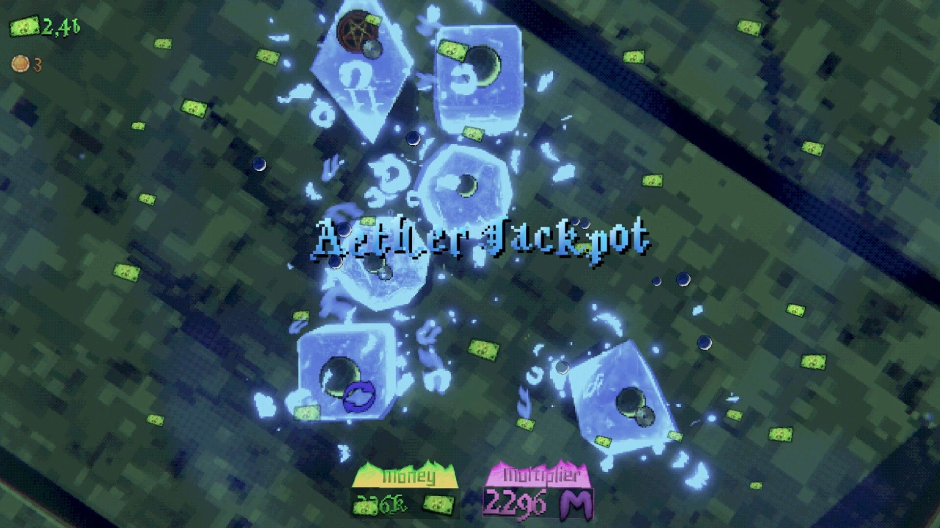 Dicempo: Aftertax jackpot text over glowing dice and cash confetti on green tiled board UI.