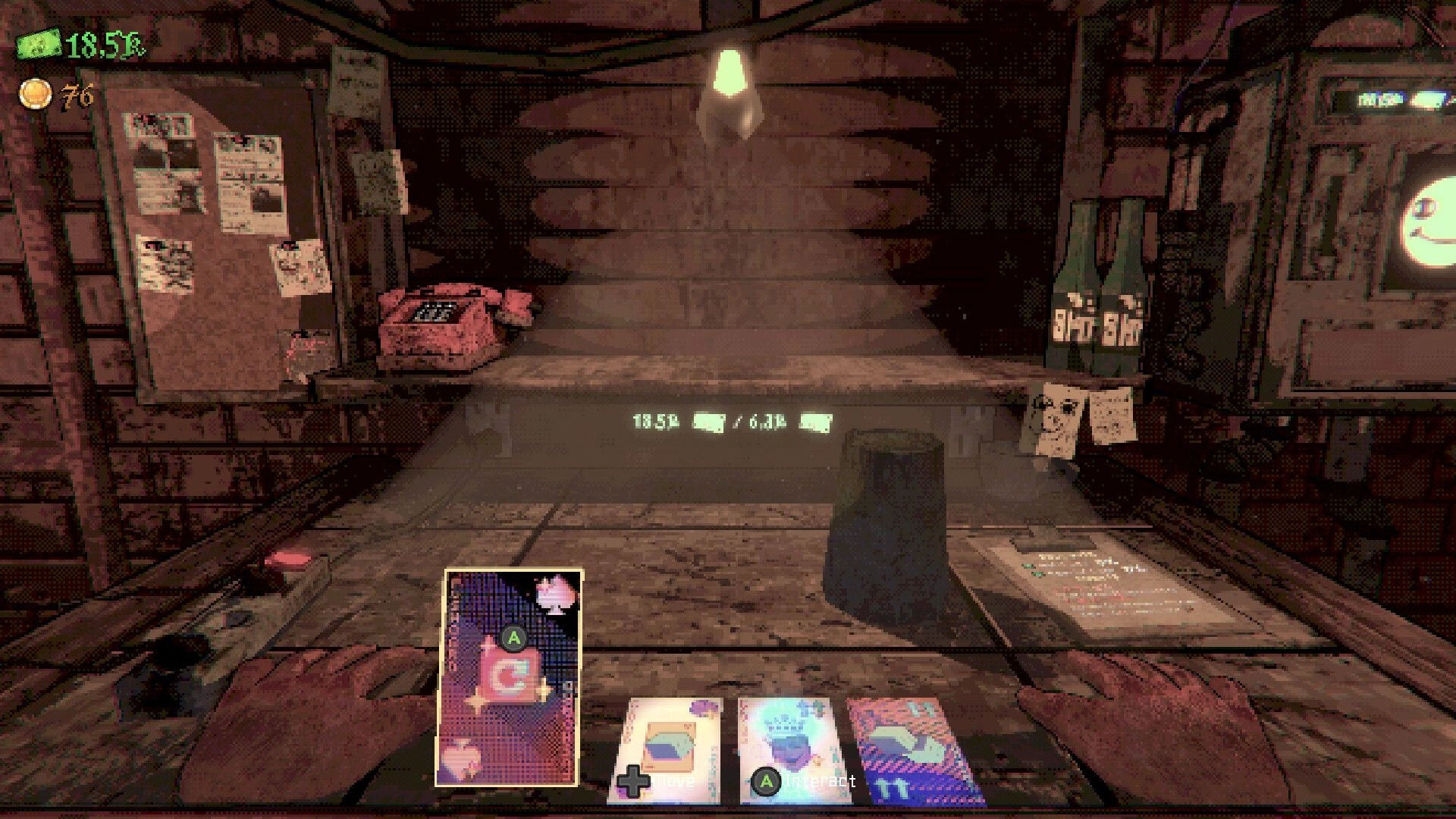 Dicempo: Card selection at a cluttered desk with phone, bottles, and cash/coin counters in UI.