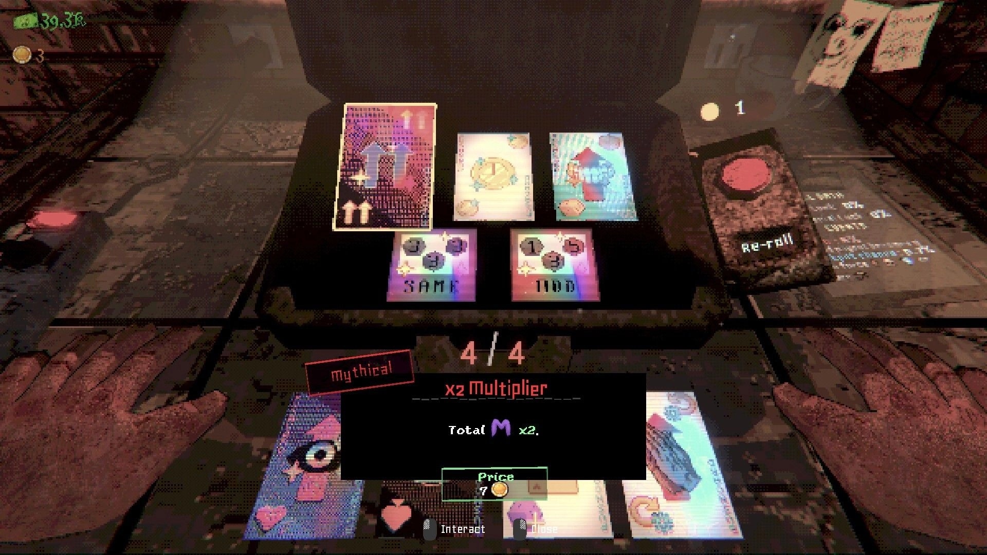 Dicempo: Shop table with upgrade cards and x2 Multiplier popup beside a red RETAIL button in room.