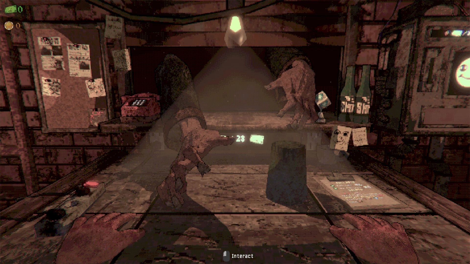 Dicempo: First-person desk view with Interact prompt, notes and folders in a dim office room.