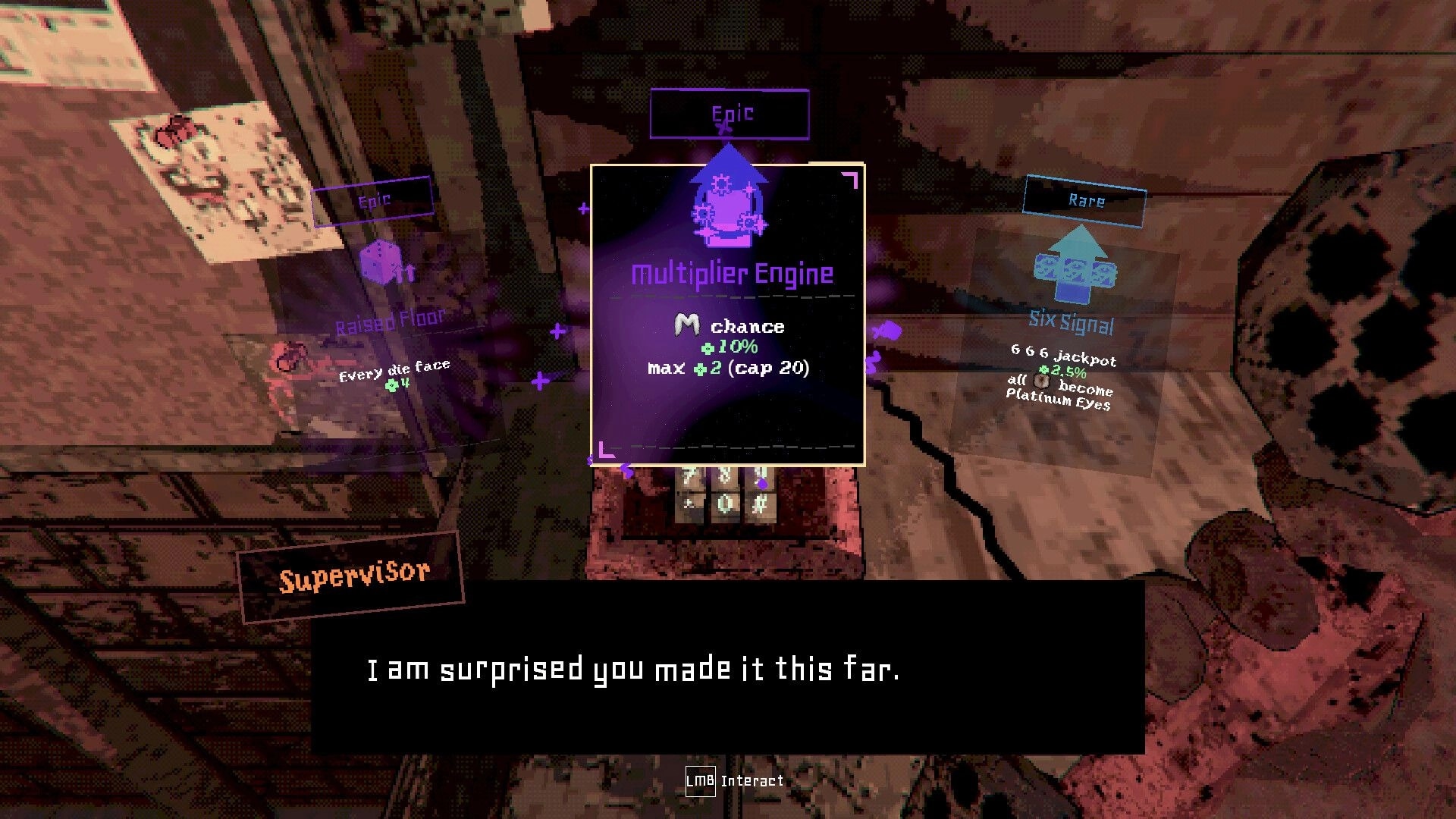 Dicempo: Upgrade selection UI with Multiplier Engine card and rarity icons in a cluttered office room.