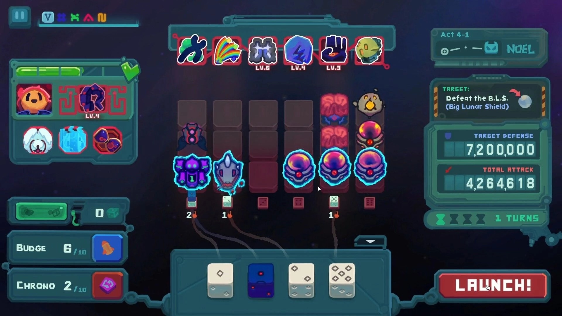 DiceVaders: Alien army lineup with target info and launch button in space-themed interface