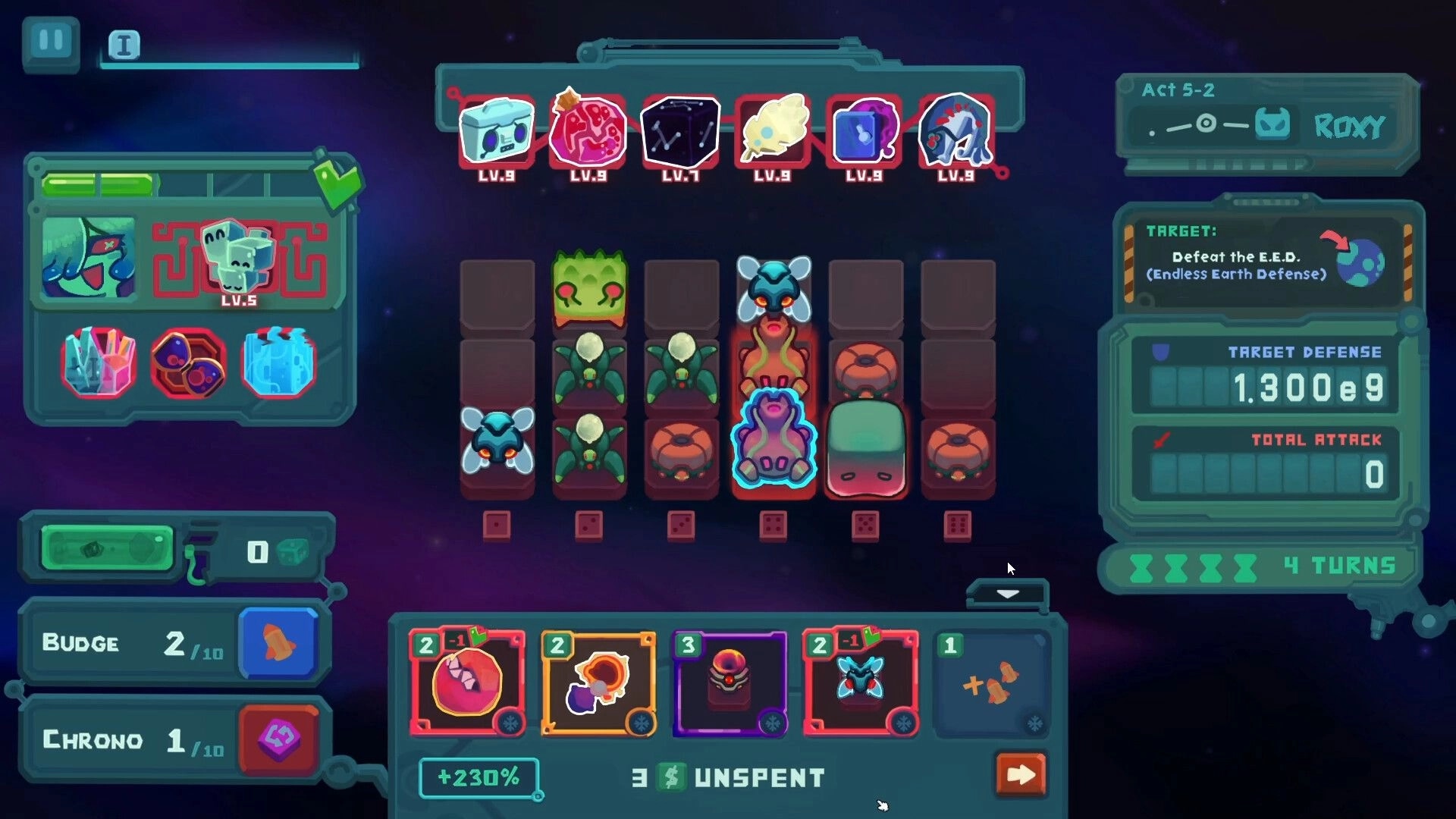 DiceVaders: Alien units arranged on a grid in space with UI showing target defense and attack stats.
