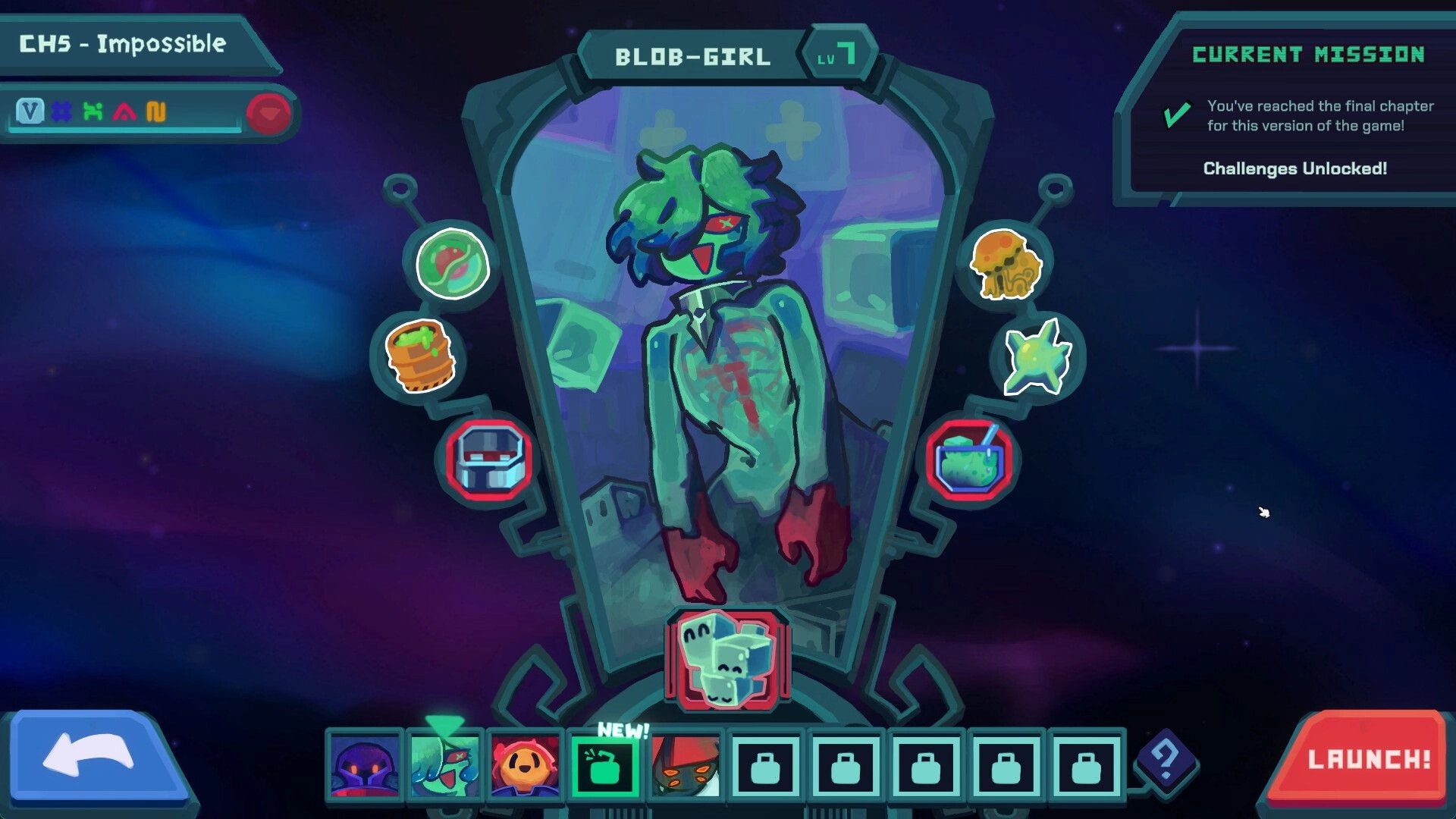 DiceVaders: Blob-Girl character selection screen with mission details and level indicators visible