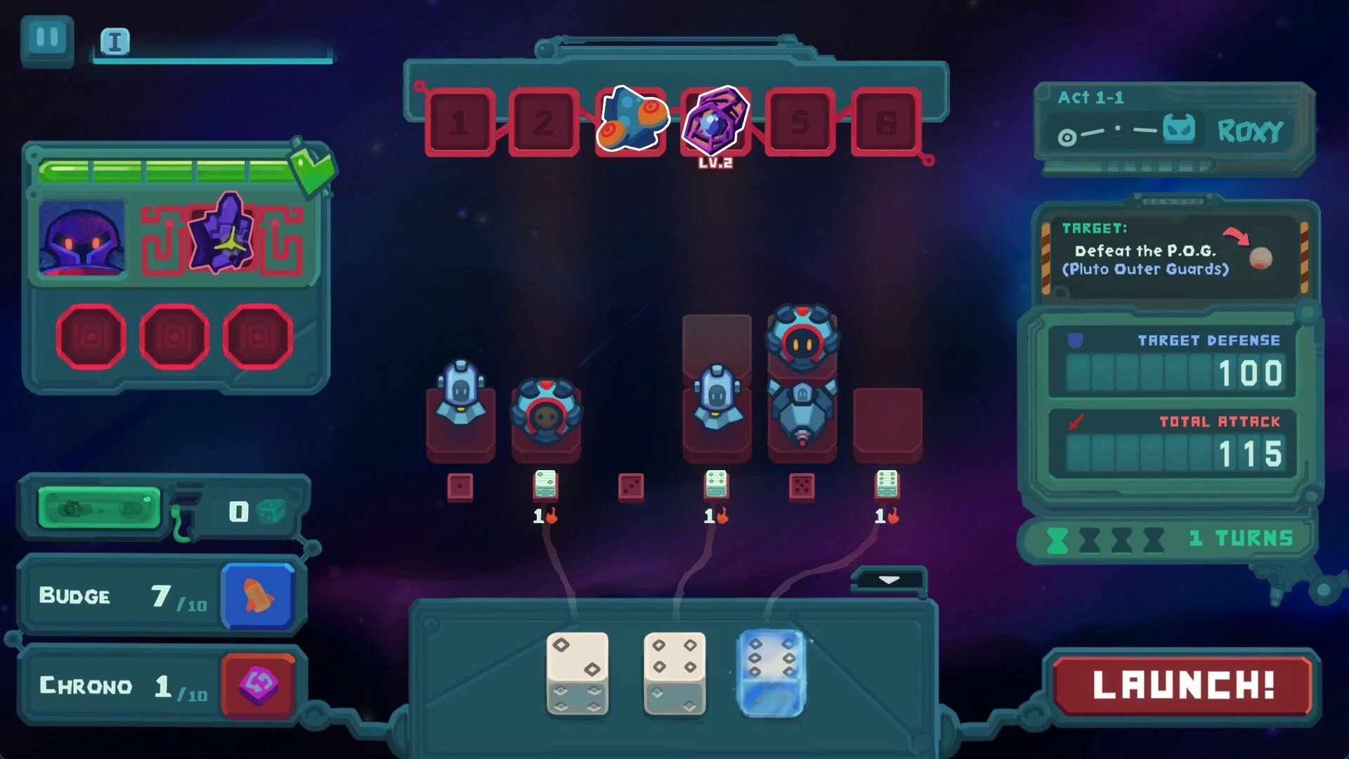 DiceVaders: Alien invader lineup with dice roll interface against starry space background
