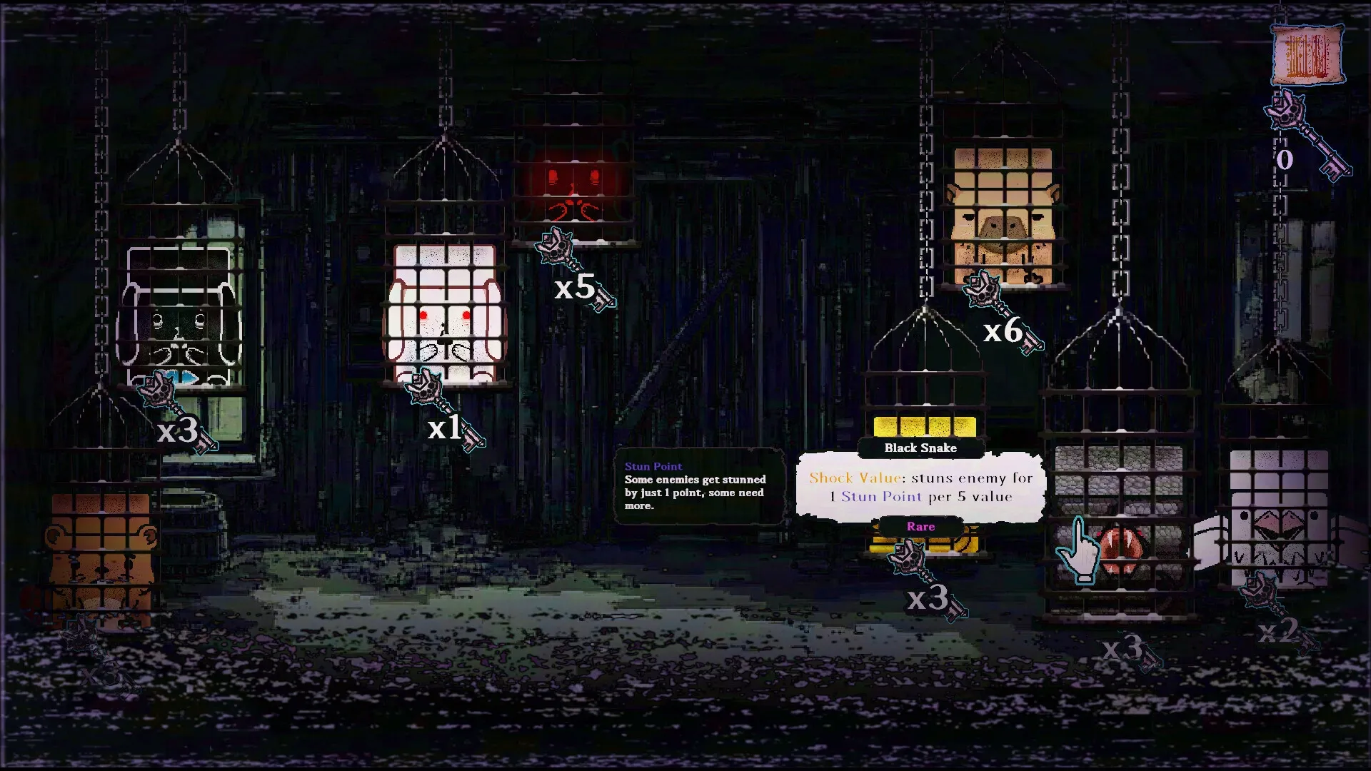 Dicewood: Caged creatures with key counts in a dark dungeon, Black Snake card details displayed