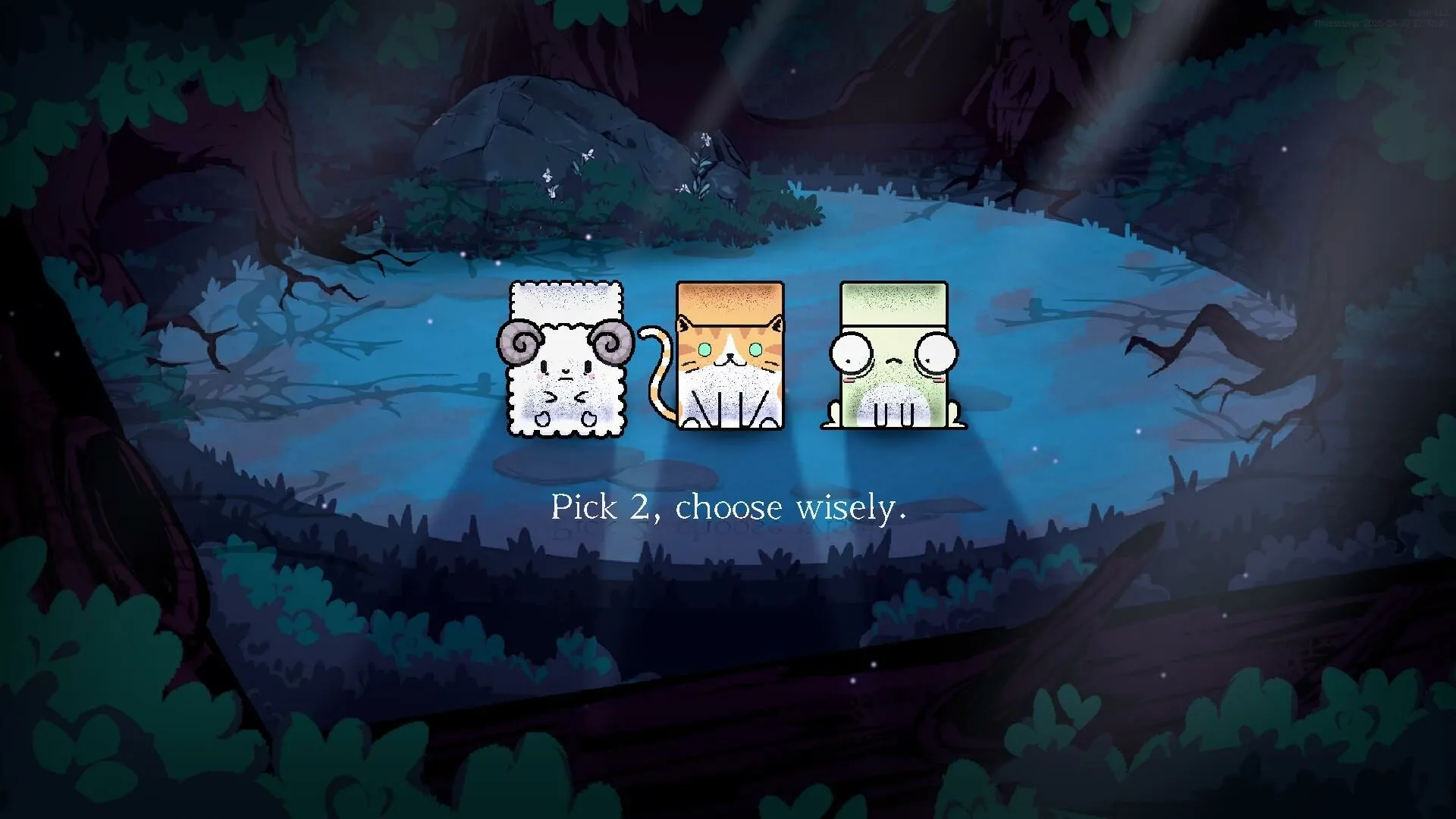 Dicewood: Character selection with three creatures in a moonlit forest clearing, choose two to proceed.