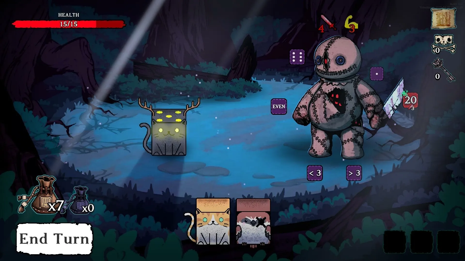 Dicewood: Combat with plush enemy in moonlit forest; health bar, dice, and end turn button visible