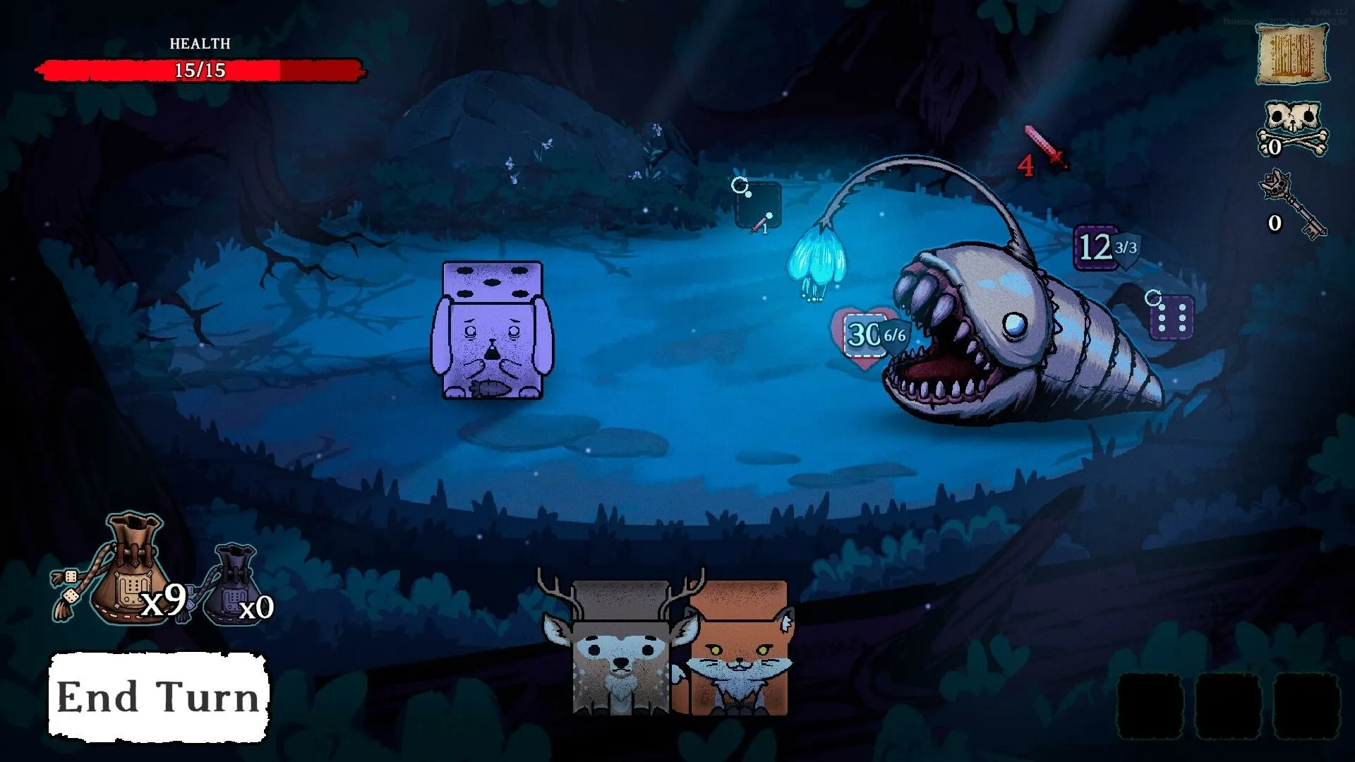 Dicewood: Combat with giant worm in dark forest, dice creature allies, health and inventory visible