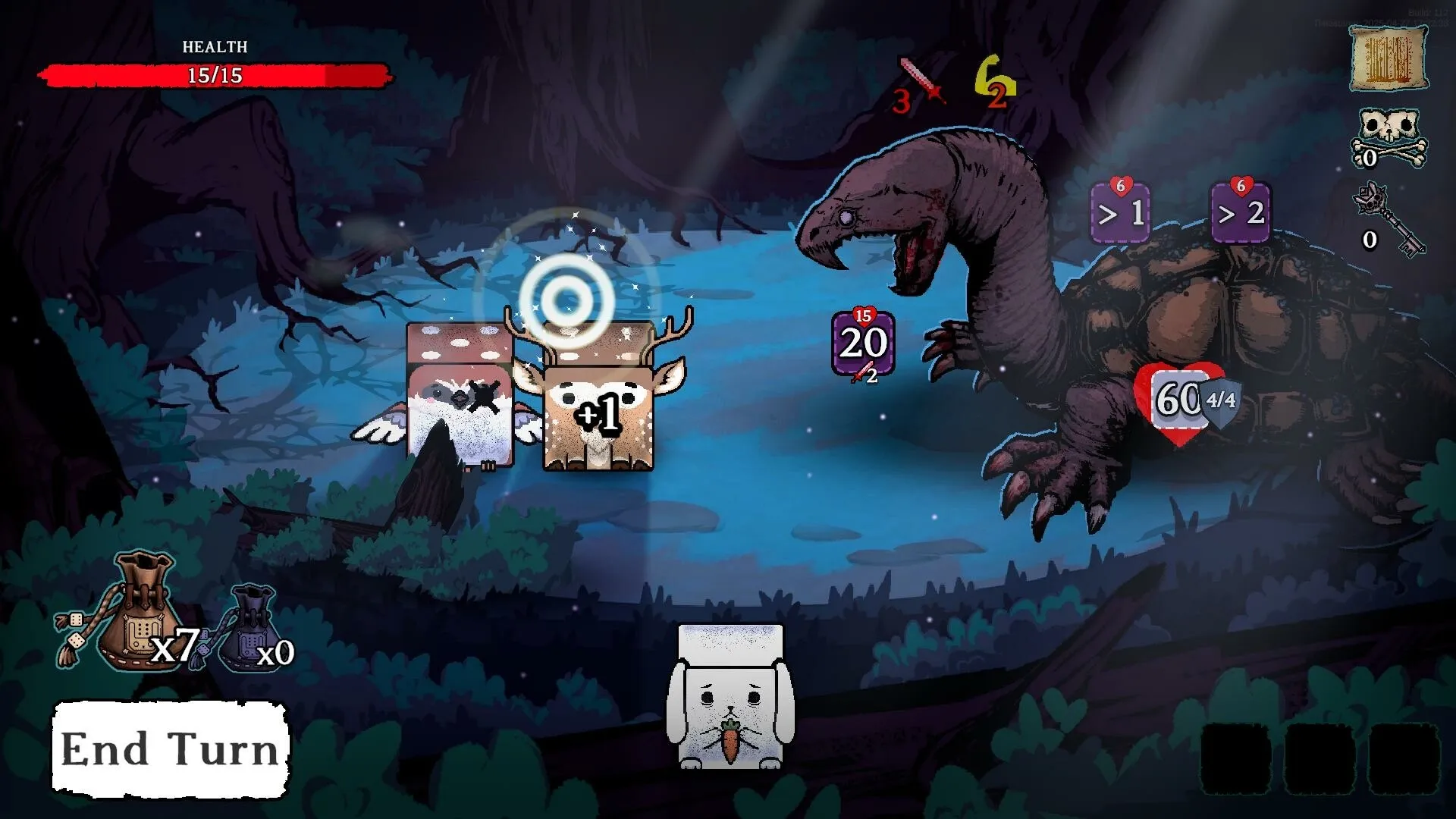 Dicewood: Forest battle with dice creatures facing a dinosaur, health bars and action points visible