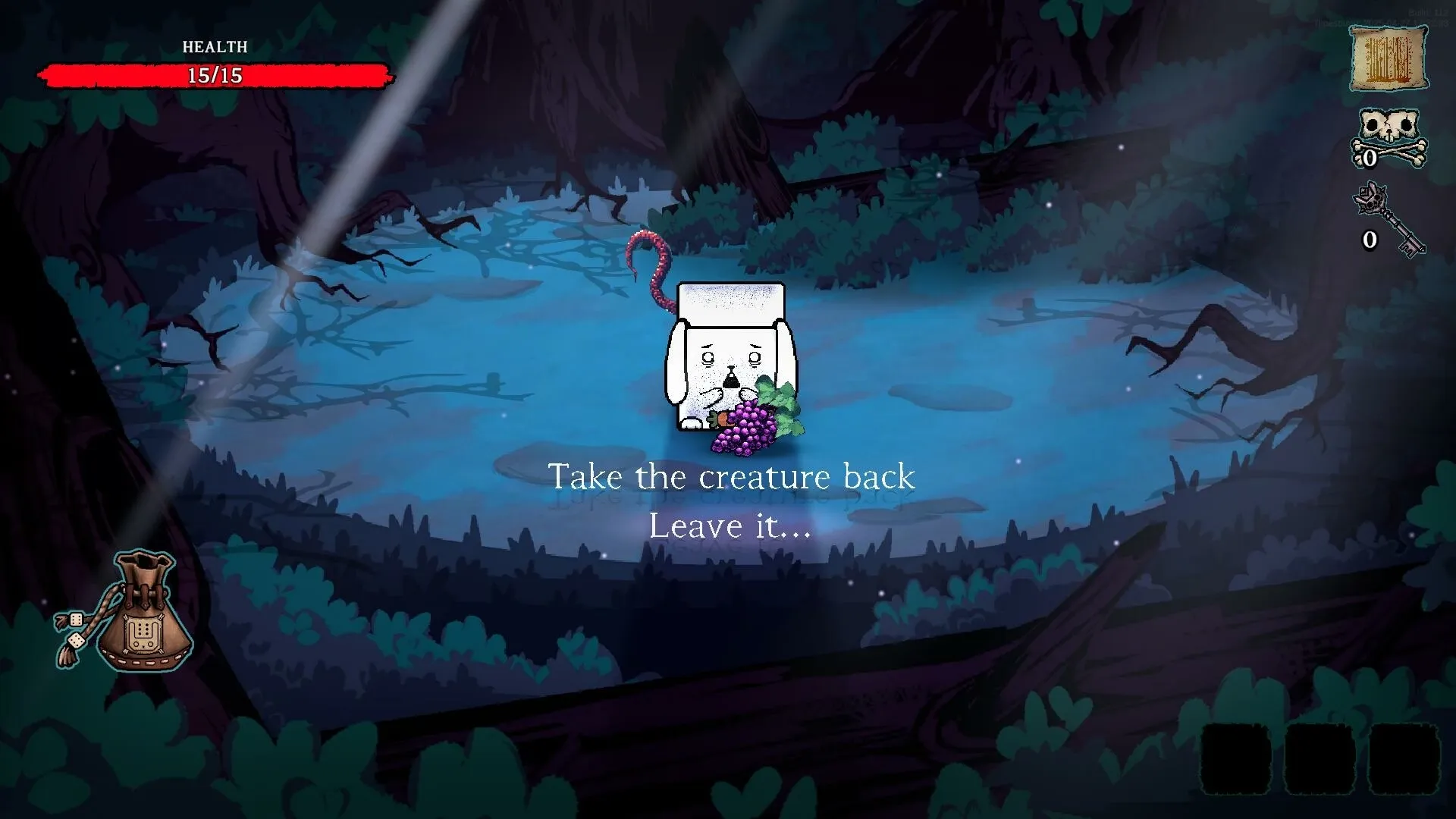 Dicewood: Creature choice in forest clearing with health bar and inventory icons visible on screen