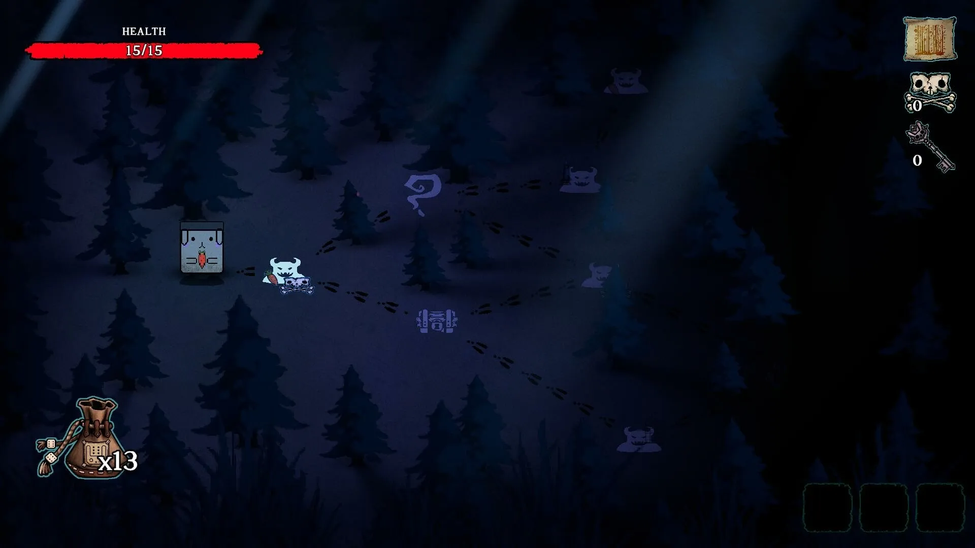 Dicewood: Creature navigating forest map with health bar, inventory bag, and path markers visible