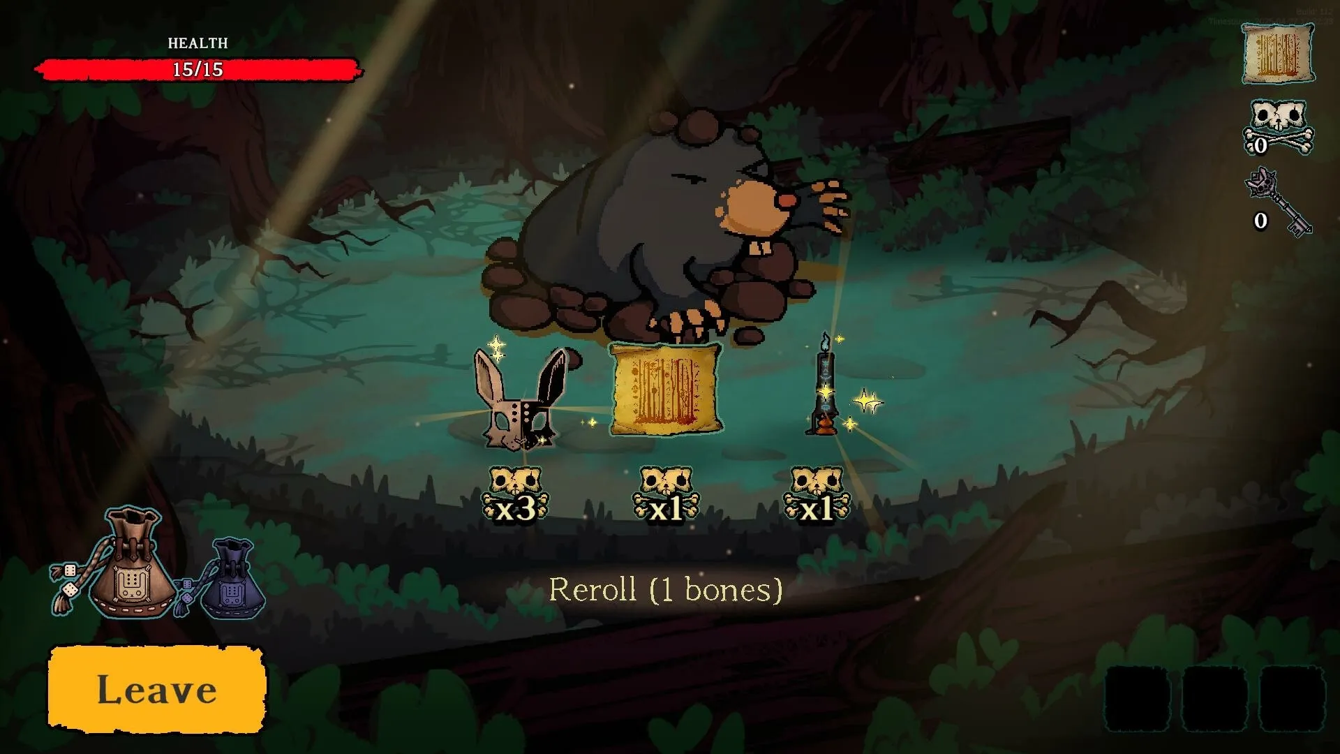 Dicewood: Combat scene with giant mole in a dark forest clearing, inventory and health bar visible.