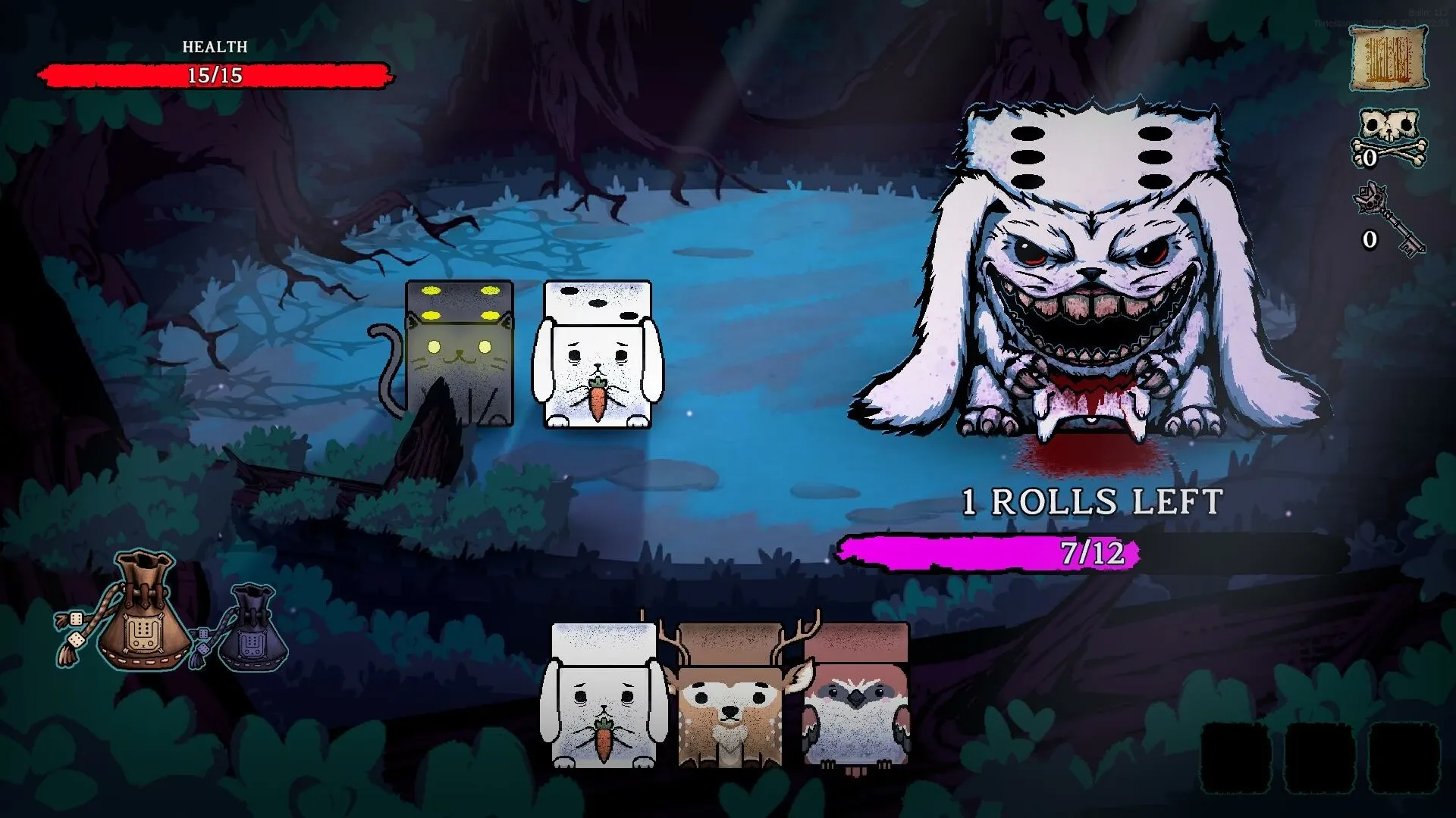 Dicewood: Combat with giant rabbit enemy in dark forest, three dice creatures with health bar visible