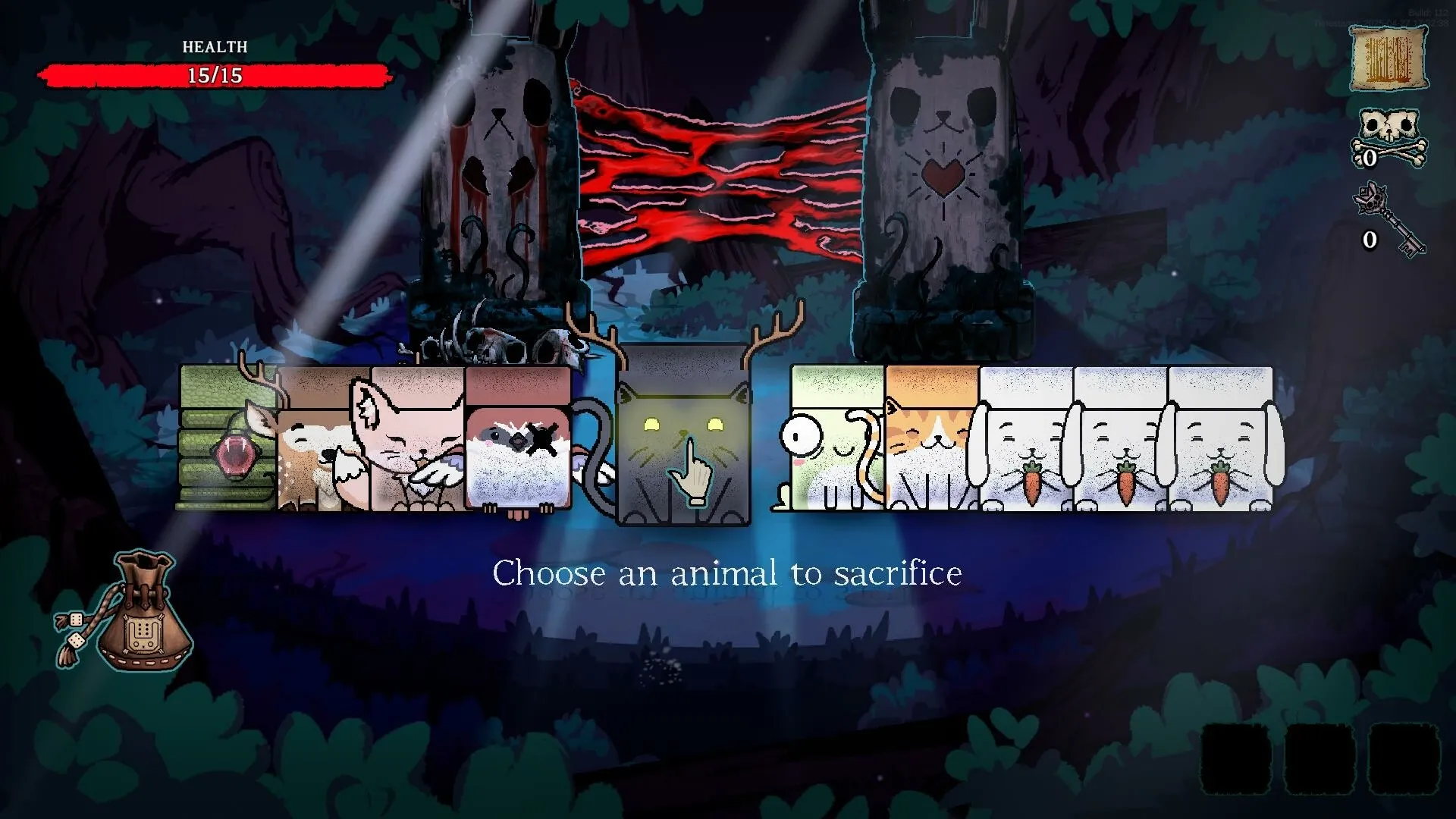 Dicewood: Select an animal to sacrifice in a dark forest with health bar and inventory visible.