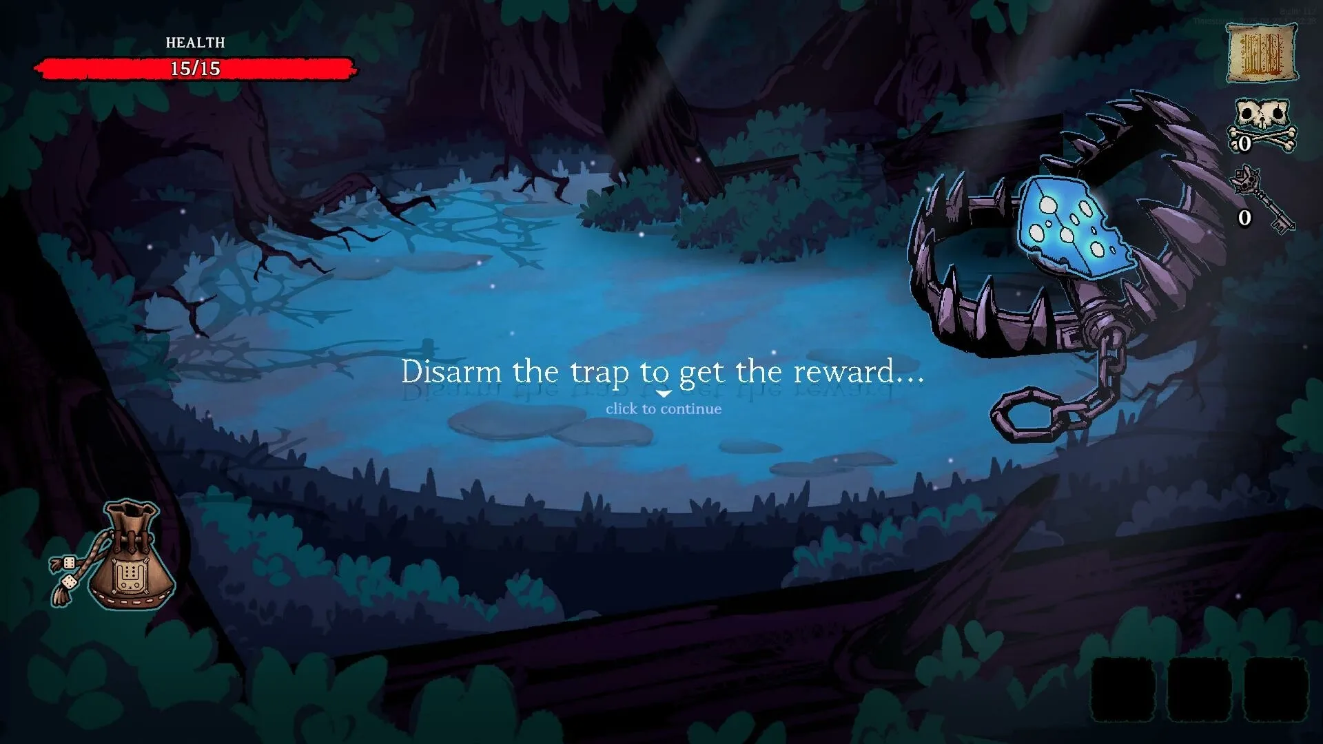 Dicewood: Disarming a trap in a shadowy forest with health bar and inventory icons visible