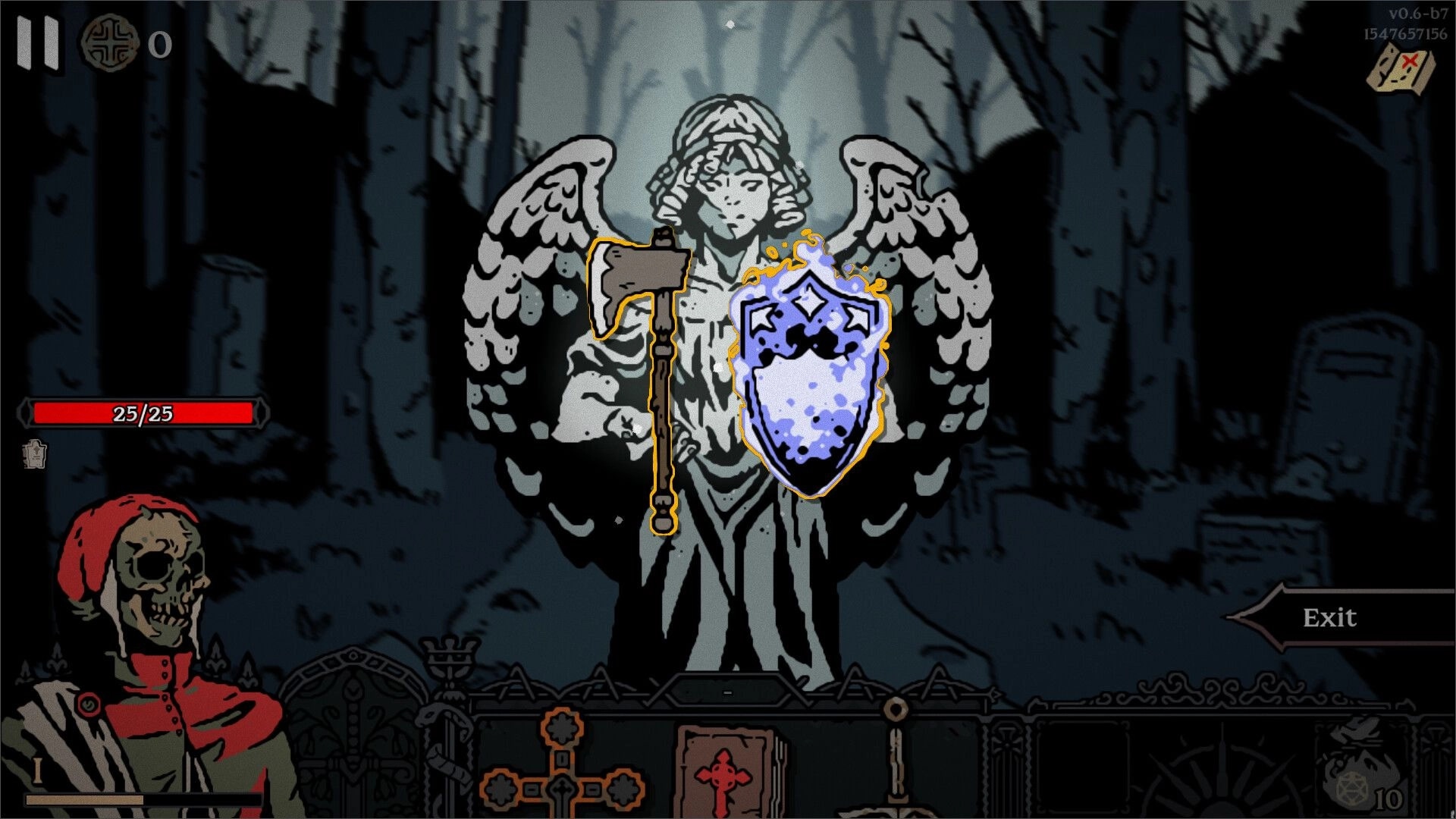 Die For The Lich: Skeleton in red robe faces angel statue with shield and axe in eerie forest setting