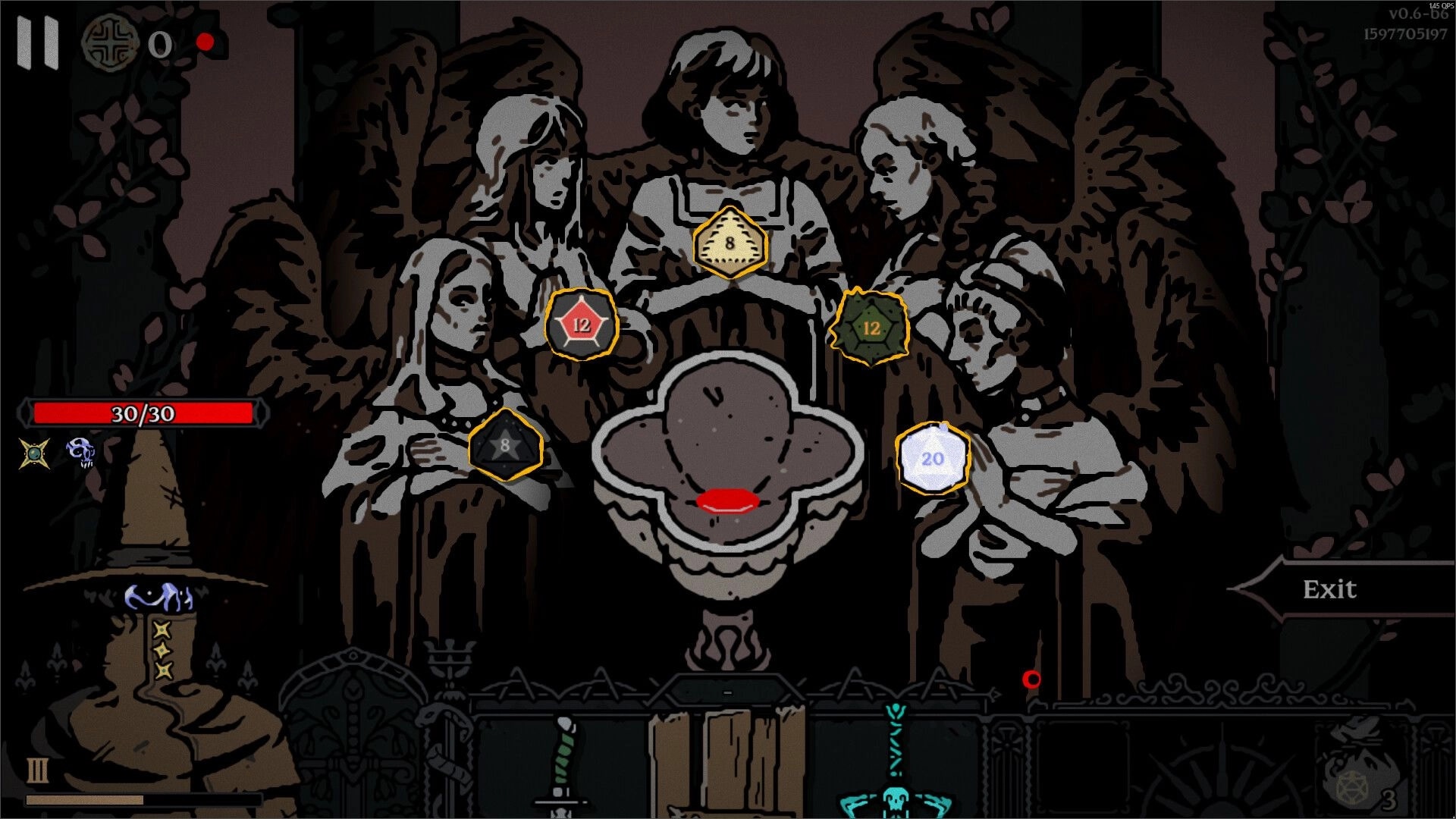 Die For The Lich: Ritual scene with dice rolls in front of angelic statues in a dark, gothic setting.