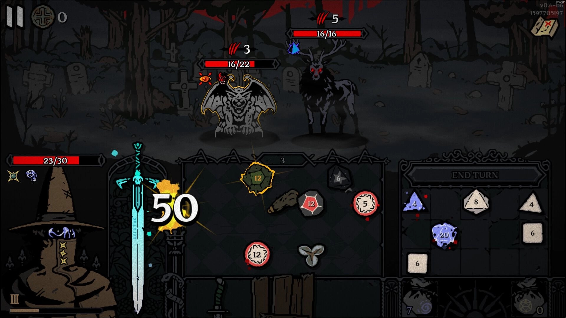Die For The Lich: Wizard battles gargoyle and deer monster in dark graveyard with dice and sword UI