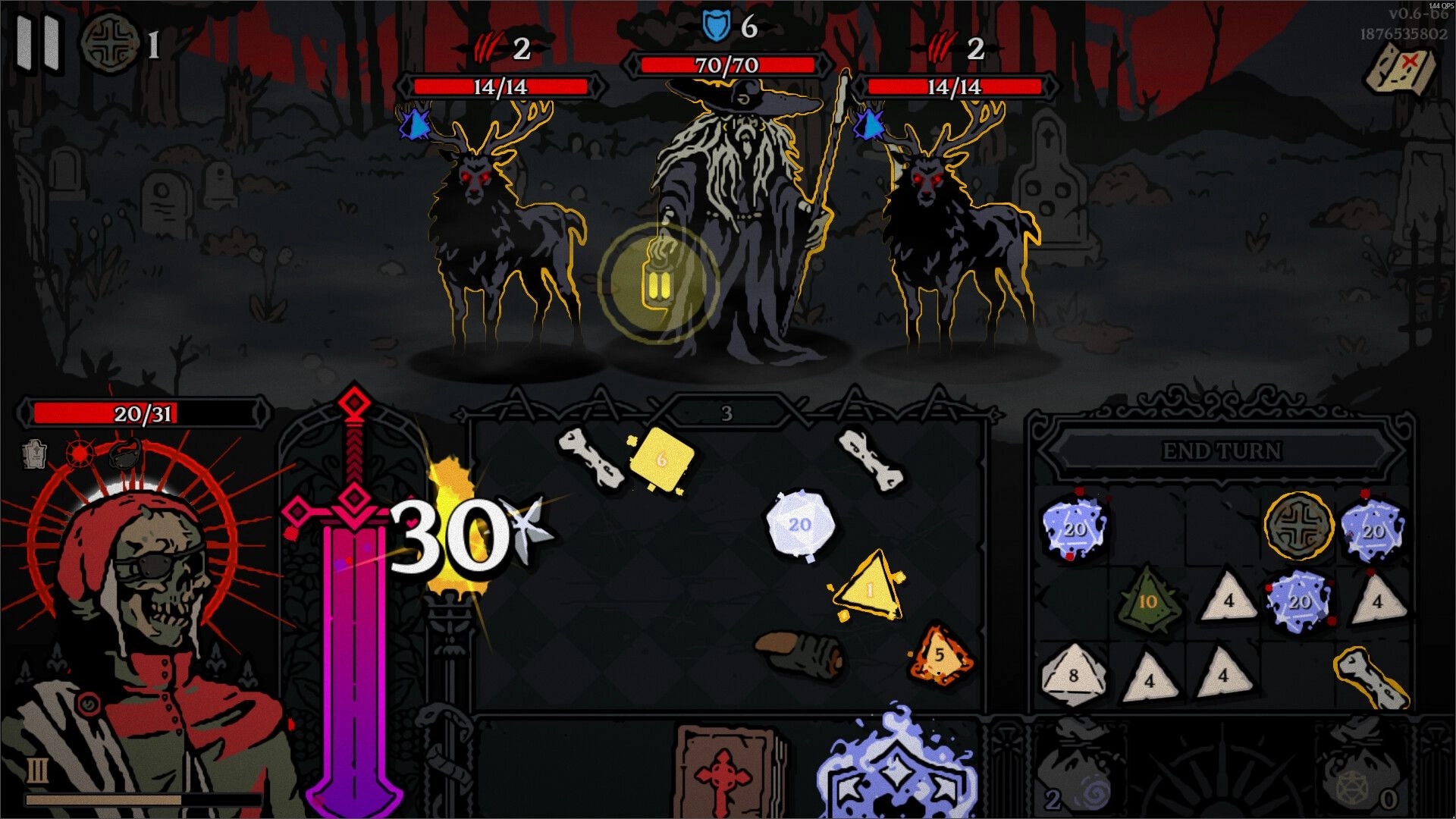 Die For The Lich: Battle against undead wizard and deer in dark forest with dice and trinket inventory.