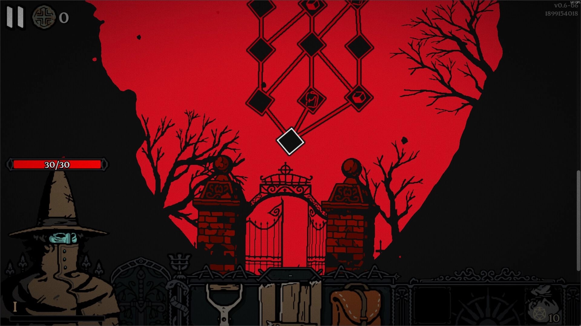 Die For The Lich: Character with hat and glowing eyes at a gothic gate under a red sky with trees