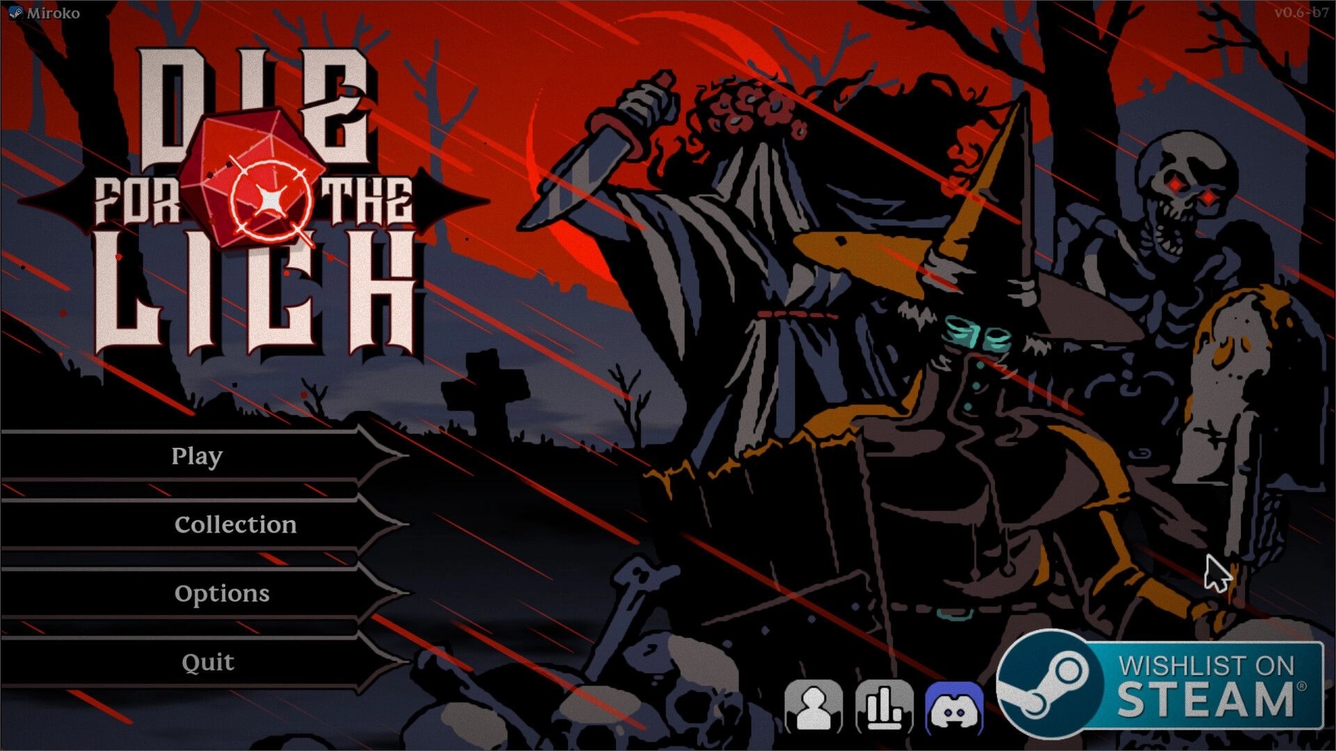 Die For The Lich: Main menu with play options and characters in a dark forest setting under red sky